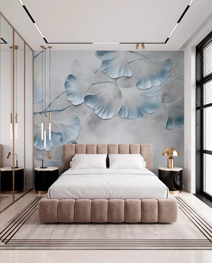 Papier peint Feuilles de ginkgo biloba aux bords bleus sur une branche, fond texturé gris, design élégant et minimaliste w09472v1