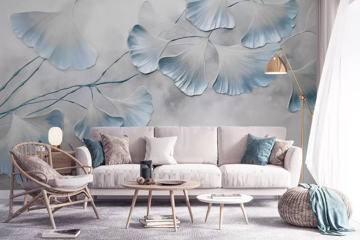 Papier peint Feuilles de ginkgo biloba aux bords bleus sur une branche, fond texturé gris, design élégant et minimaliste w09472v1