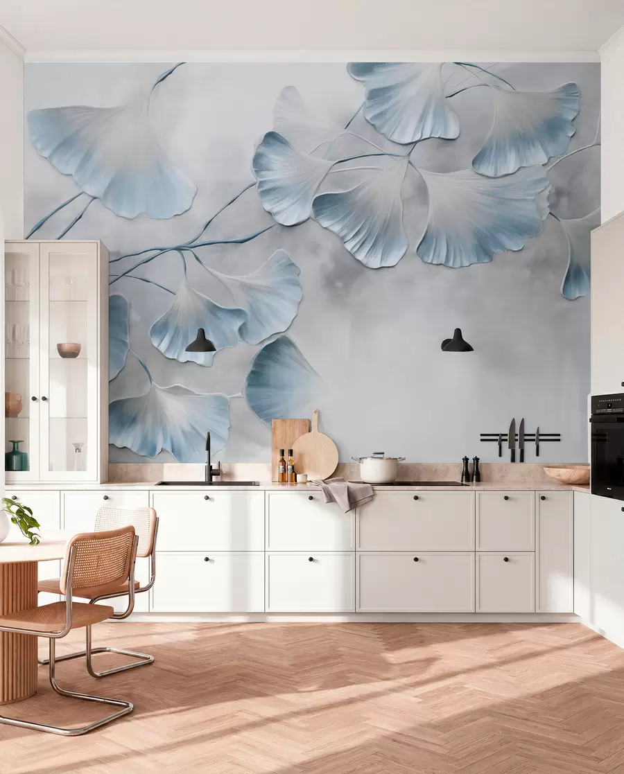 Papier peint Feuilles de ginkgo biloba aux bords bleus sur une branche, fond texturé gris, design élégant et minimaliste w09472v1