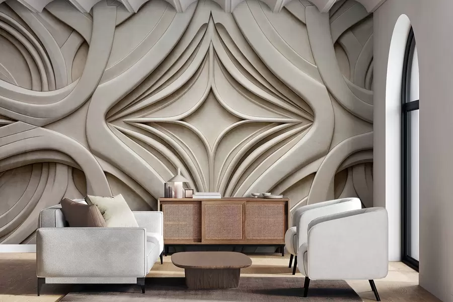 Papier peint Imprimé géométrique abstrait symétrique texturé, couleur beige clair, style art déco, détails complexes w09473