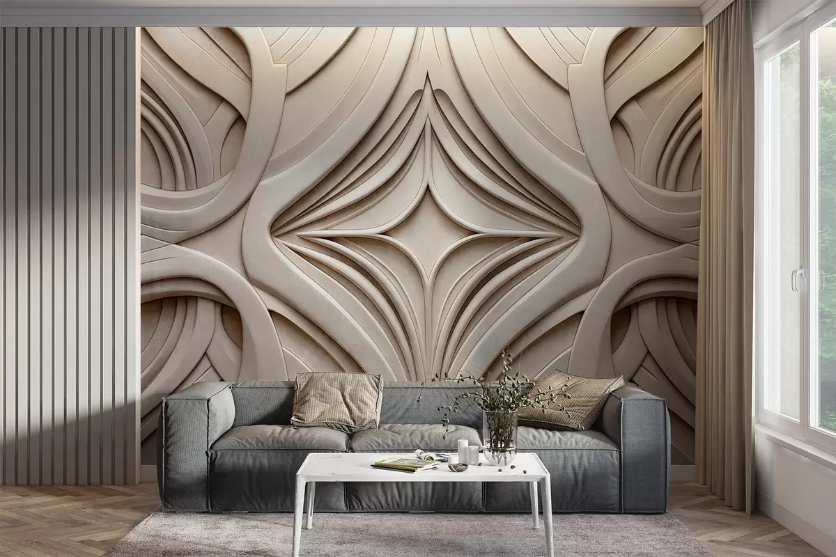Papier peint Imprimé géométrique abstrait symétrique texturé, couleur beige clair, style art déco, détails complexes w09473