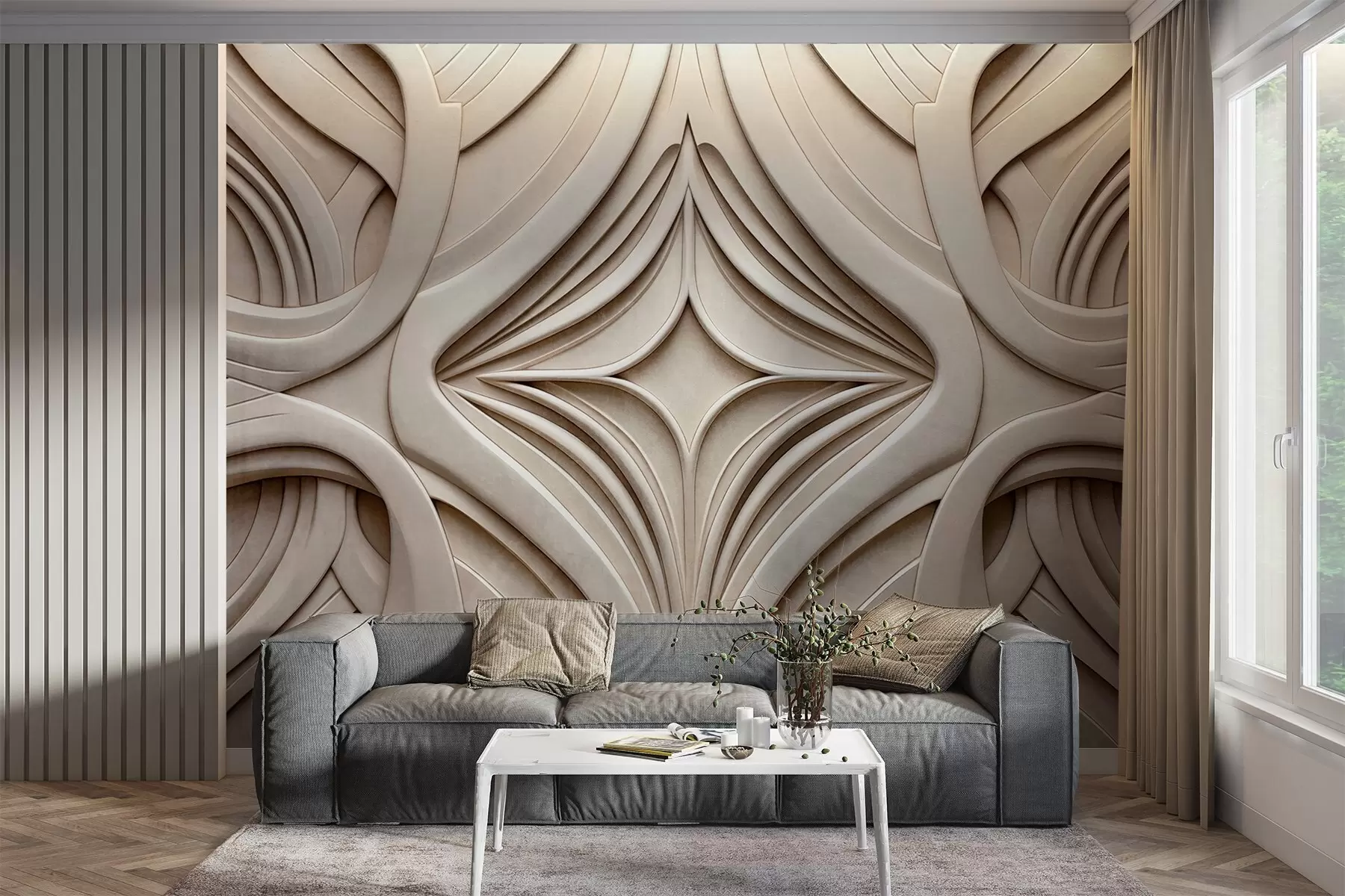 Papier peint Imprimé géométrique abstrait symétrique texturé, couleur beige clair, style art déco, détails complexes w09473