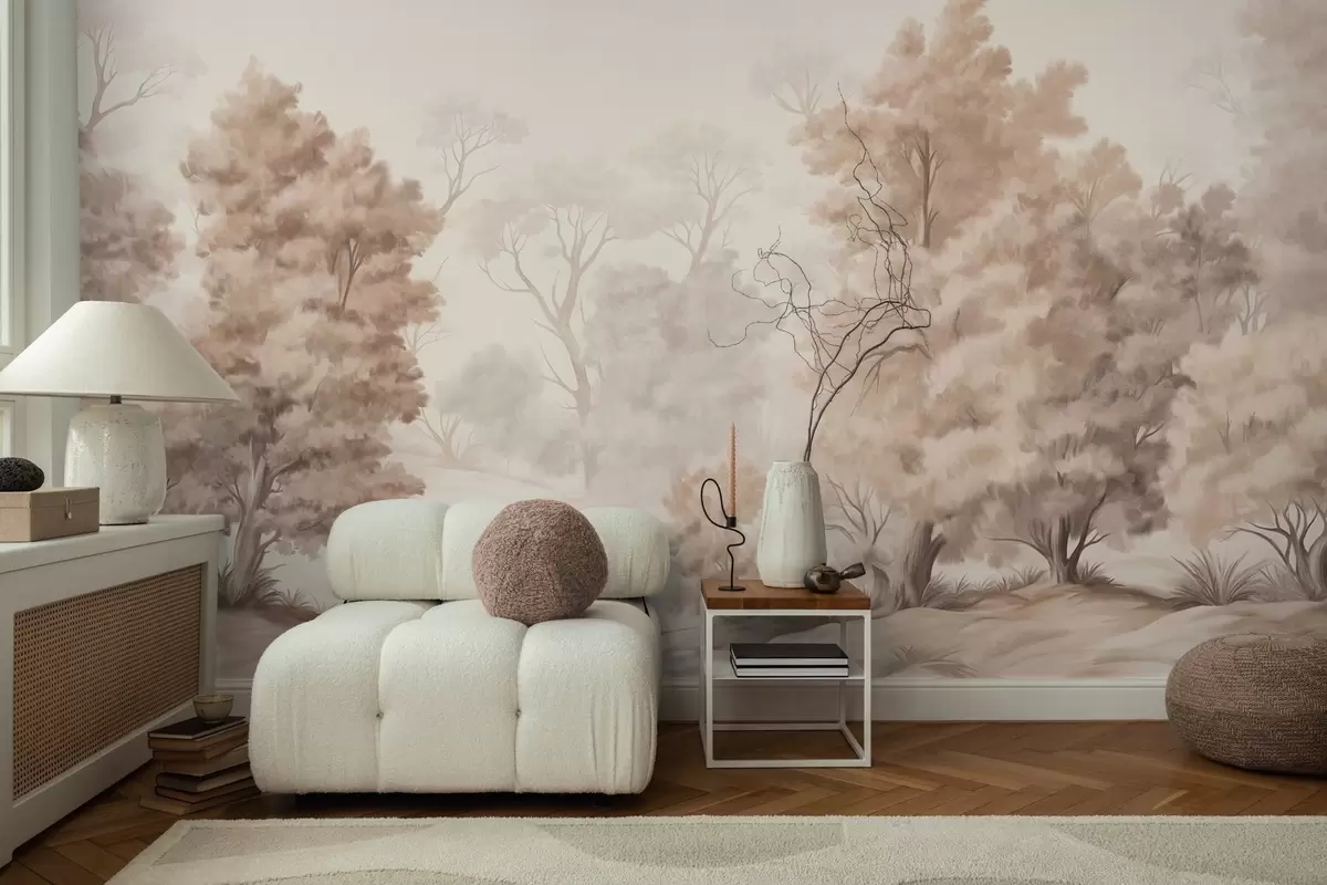 Papier peint Peinture paysagère texturée imitant une forêt avec de grands arbres et de l'herbe, couleurs douces et discrètes, scène apaisante w09474
