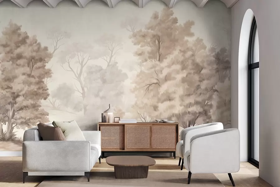 Papier peint Peinture paysagère texturée imitant une forêt avec de grands arbres et de l'herbe, couleurs douces et discrètes, scène apaisante w09474