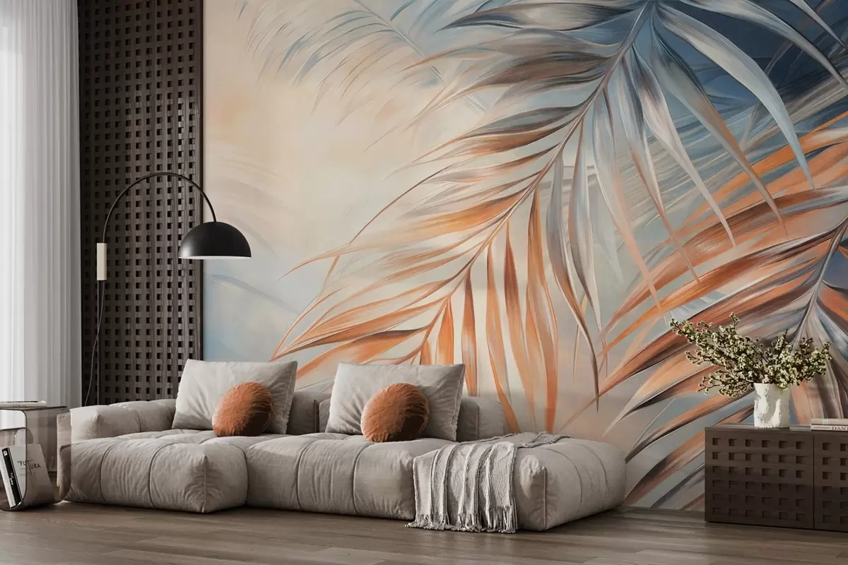 Papier peint Feuilles de palmier aux tons orange et bleu, fond légèrement texturé aux couleurs douces, style tropical élégant w09475