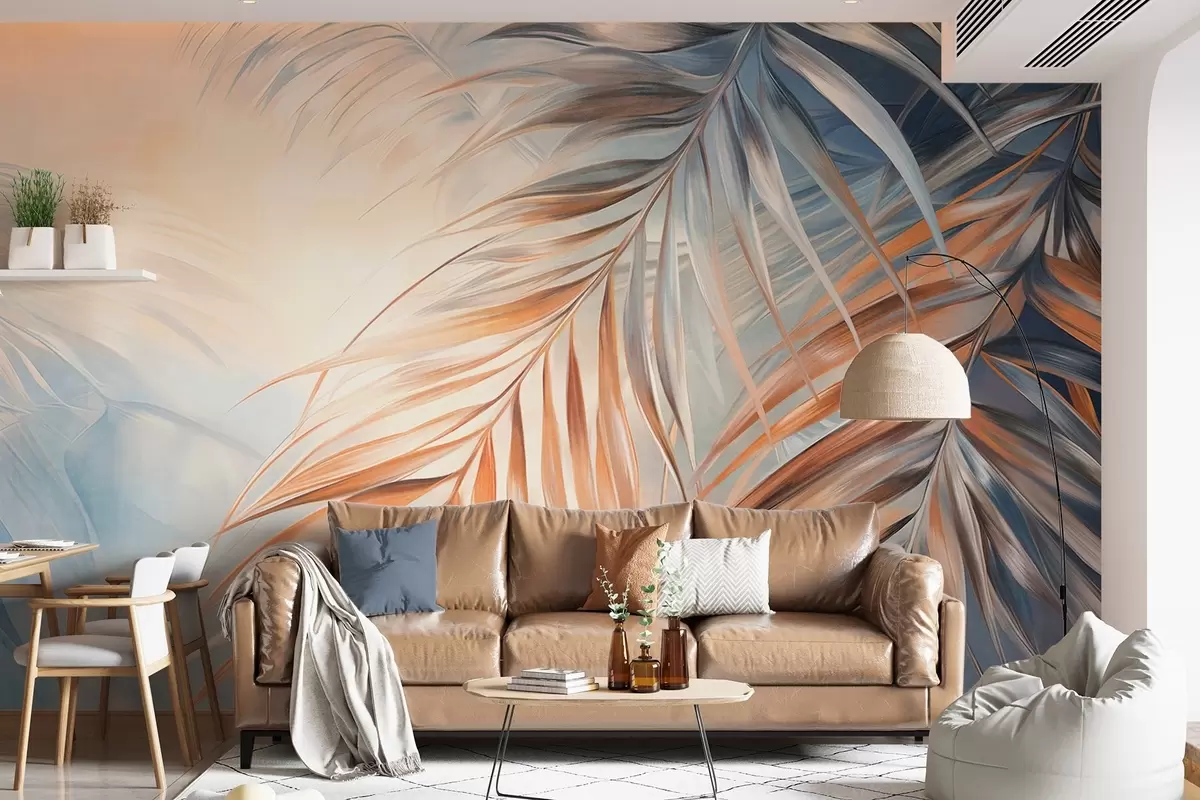 Papier peint Feuilles de palmier aux tons orange et bleu, fond légèrement texturé aux couleurs douces, style tropical élégant w09475