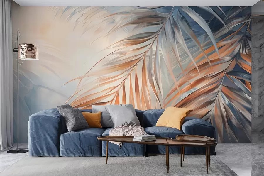 Papier peint Feuilles de palmier aux tons orange et bleu, fond légèrement texturé aux couleurs douces, style tropical élégant w09475