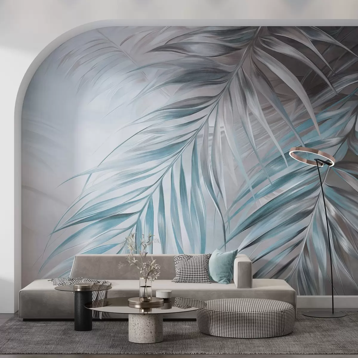 Papier peint Feuilles de palmier aux tons gris et bleus, fond légèrement texturé aux couleurs douces, style tropical élégant w09475v1