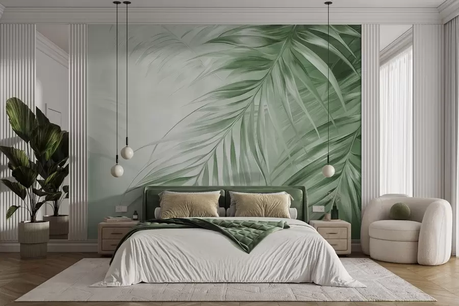 Papier peint Feuilles de palmier aux tons verts, fond légèrement texturé aux couleurs douces, style tropical élégant w09475v2