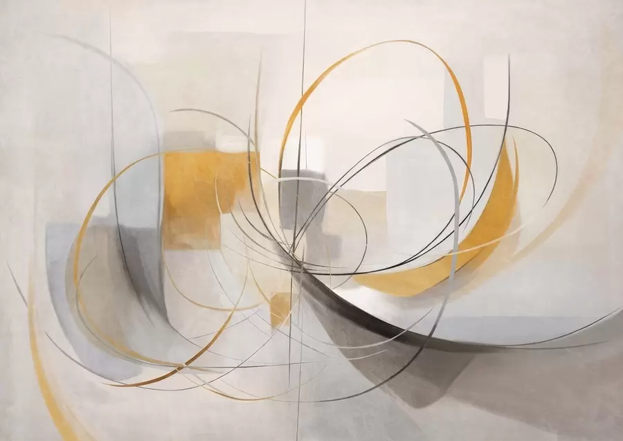 Papier peint Peinture moderne abstraite texturée avec des lignes courbes et des formes géométriques dans des tons de gris, blanc et orange w09476