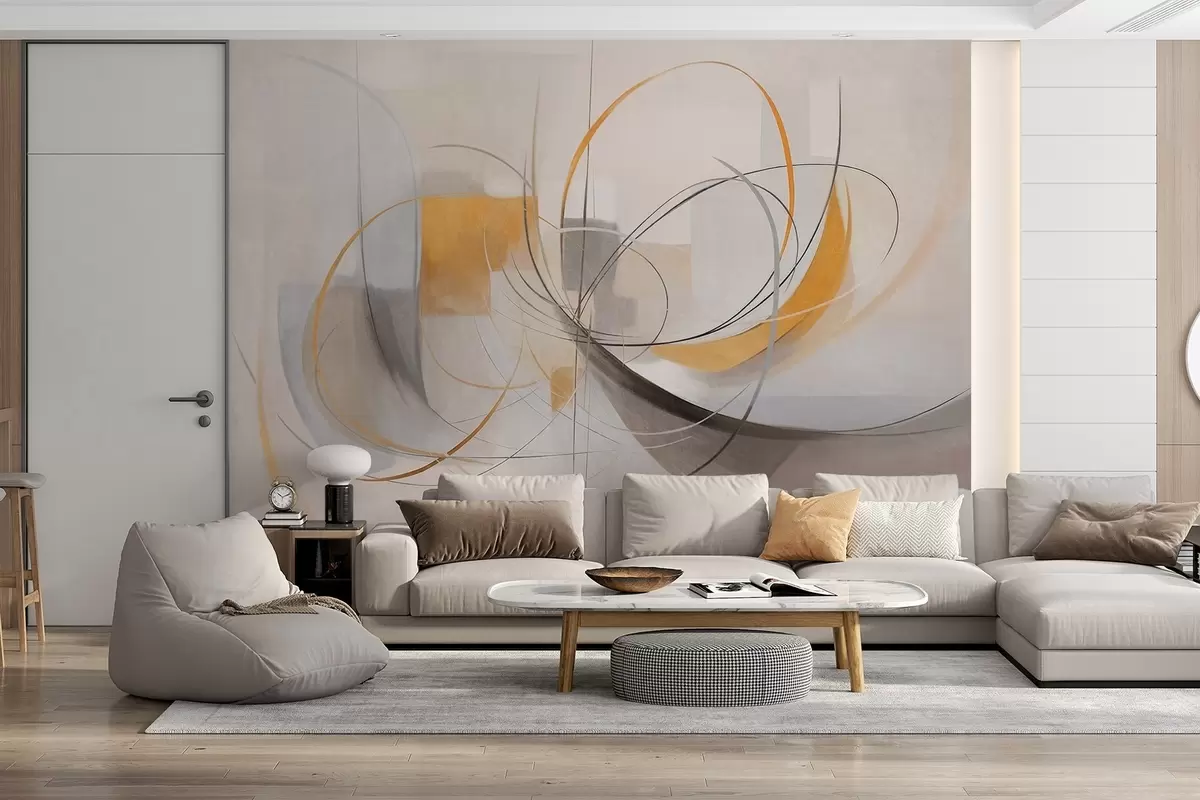 Papier peint Peinture moderne abstraite texturée avec des lignes courbes et des formes géométriques dans des tons de gris, blanc et orange w09476