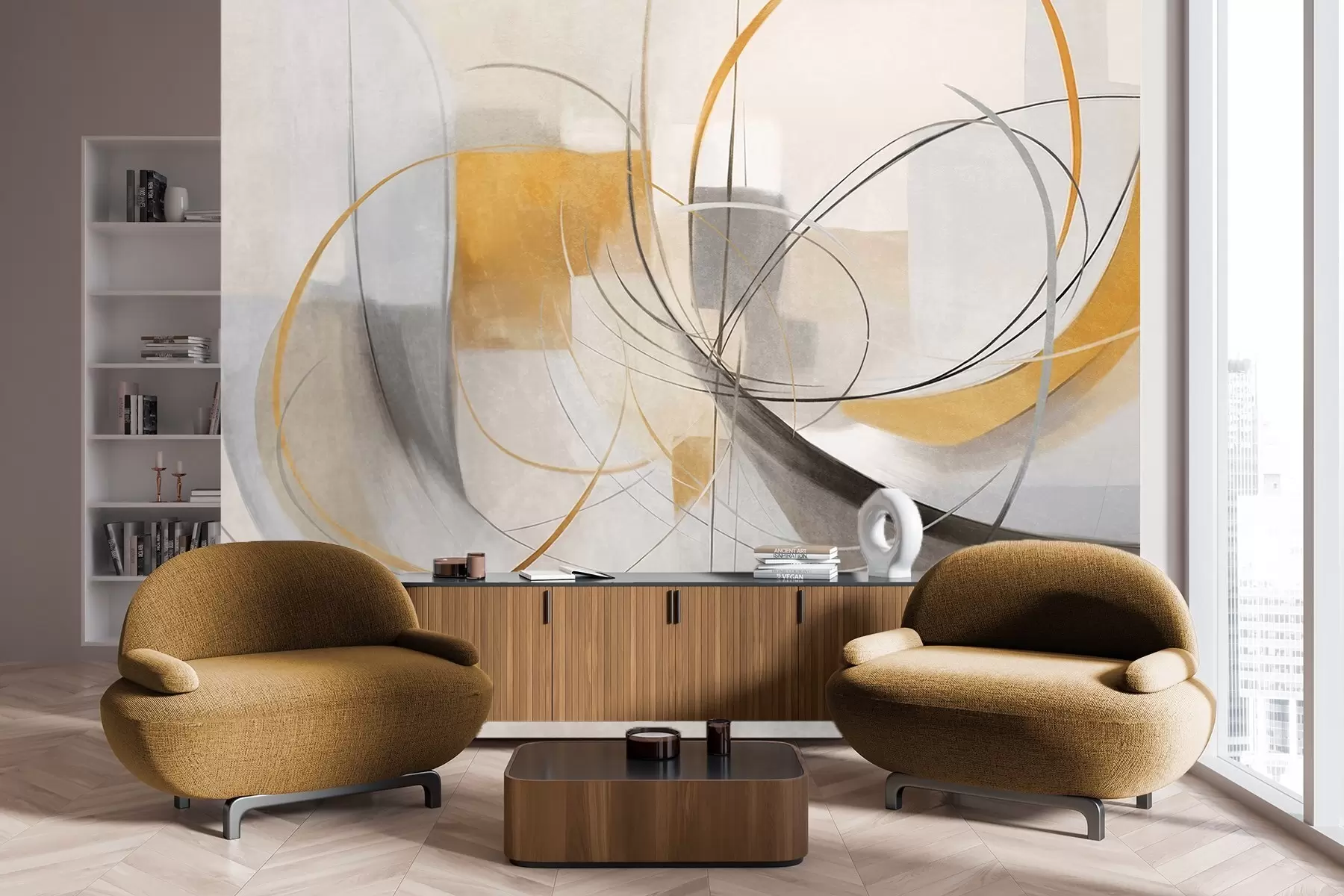 Papier peint Peinture moderne abstraite texturée avec des lignes courbes et des formes géométriques dans des tons de gris, blanc et orange w09476