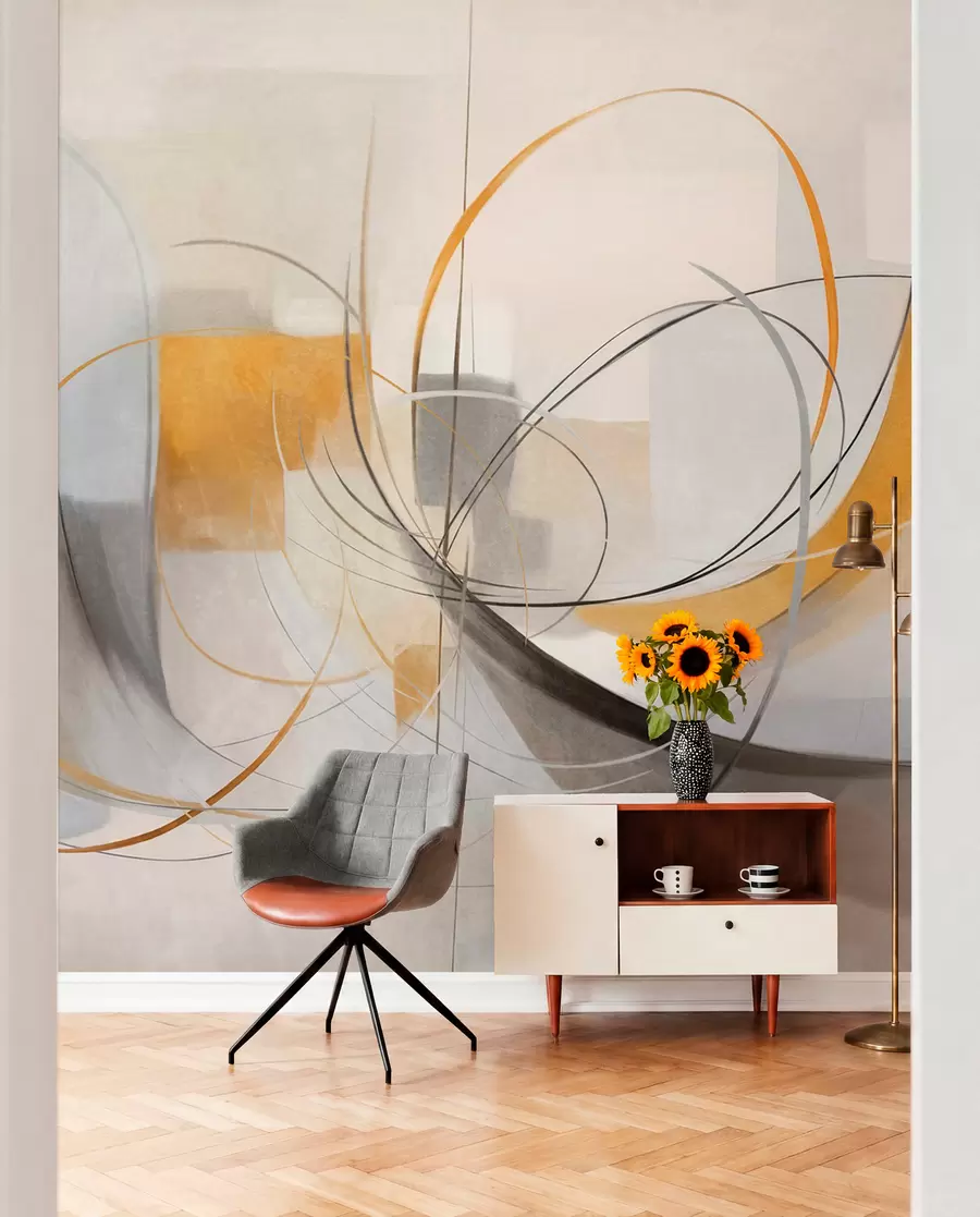 Papier peint Peinture moderne abstraite texturée avec des lignes courbes et des formes géométriques dans des tons de gris, blanc et orange w09476