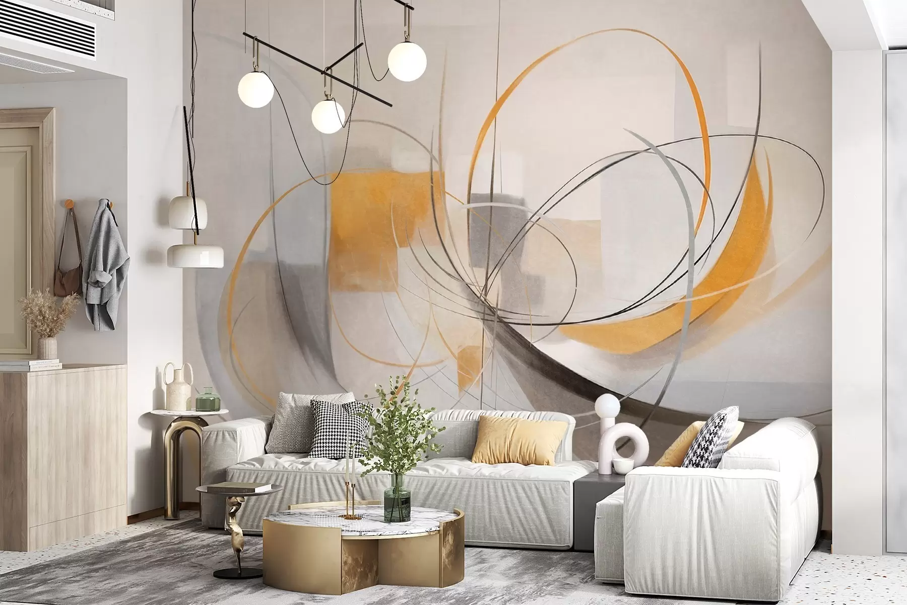 Papier peint Peinture moderne abstraite texturée avec des lignes courbes et des formes géométriques dans des tons de gris, blanc et orange w09476
