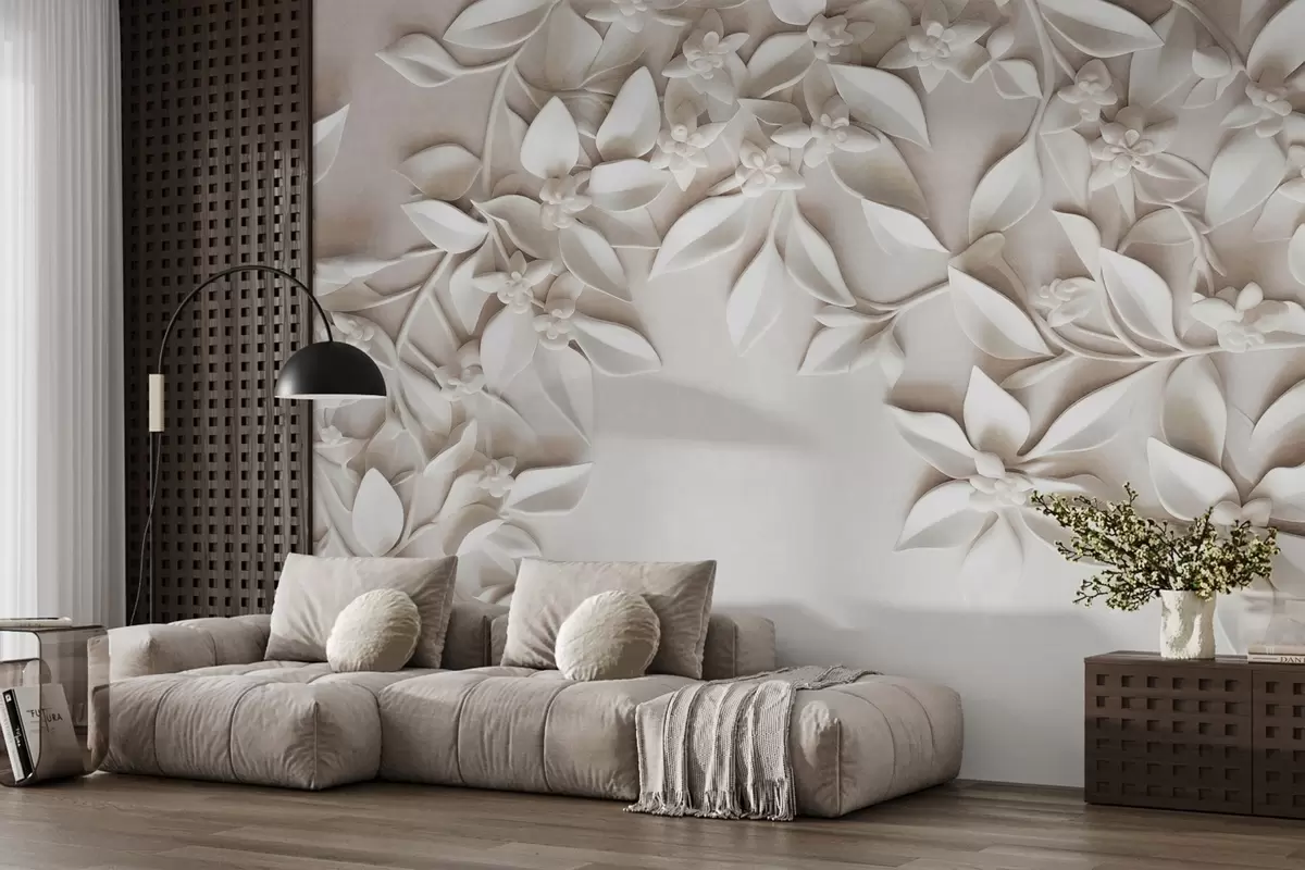 Papier peint Fleurs et feuilles blanches texturées, composition florale, design élégant, style minimaliste, art décoratif w09479