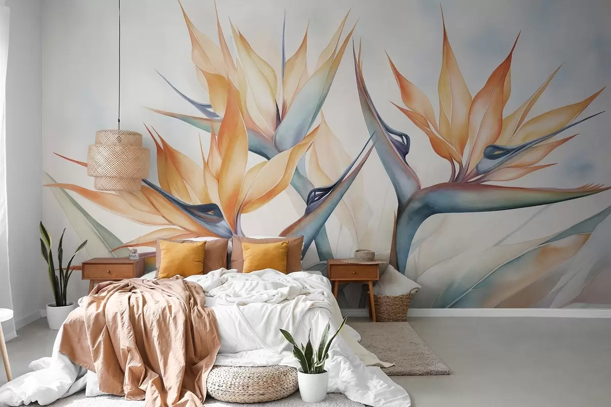 Papier peint Fleur d'oiseau de paradis, strelitzia à pétales orange, style aquarelle doux et texturé, fond clair w09483