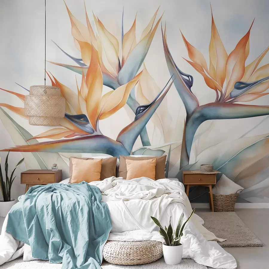 Papier peint Fleur d'oiseau de paradis, strelitzia à pétales orange, style aquarelle doux et texturé, fond clair w09483