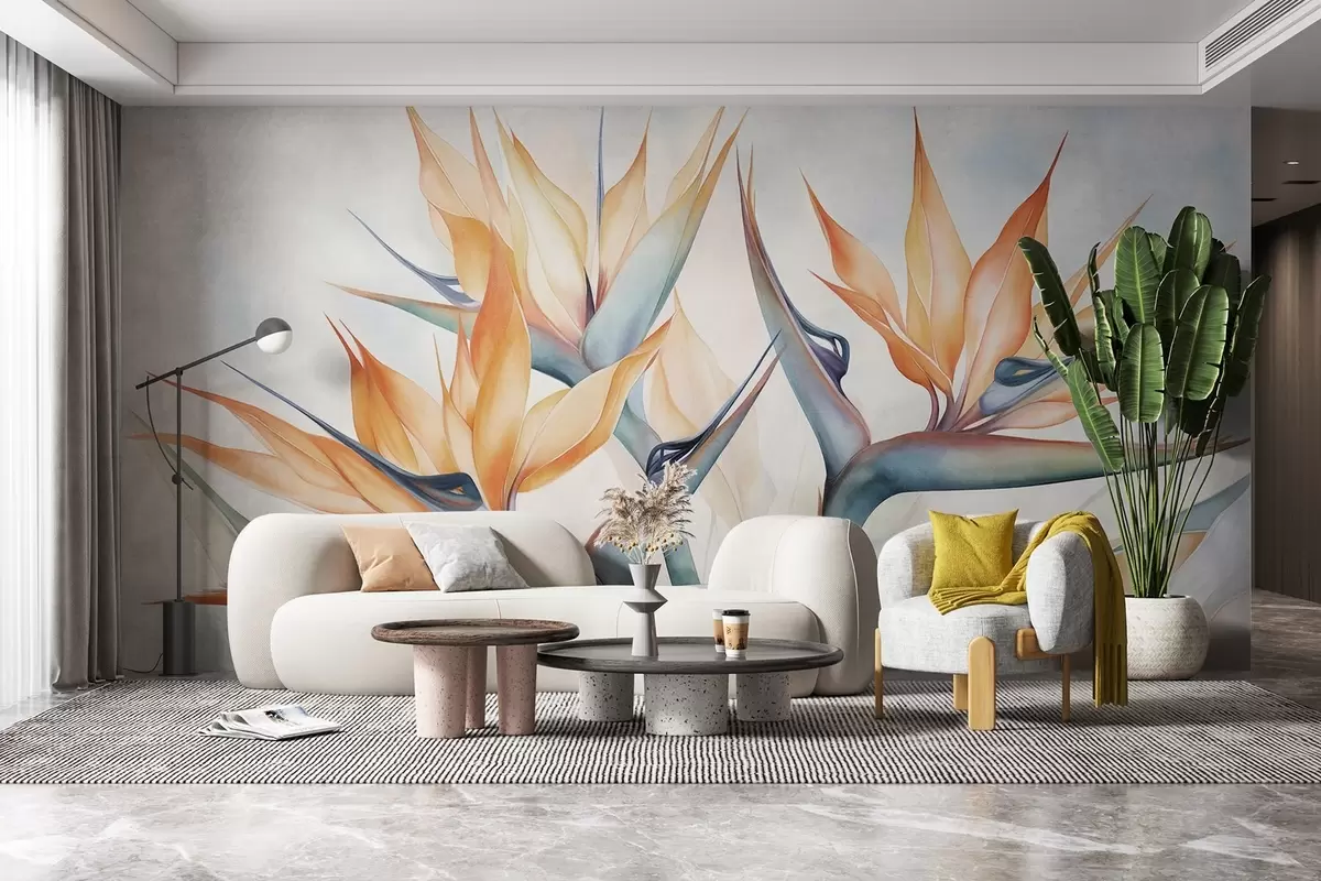 Papier peint Fleur d'oiseau de paradis, strelitzia à pétales orange, style aquarelle doux et texturé, fond clair w09483