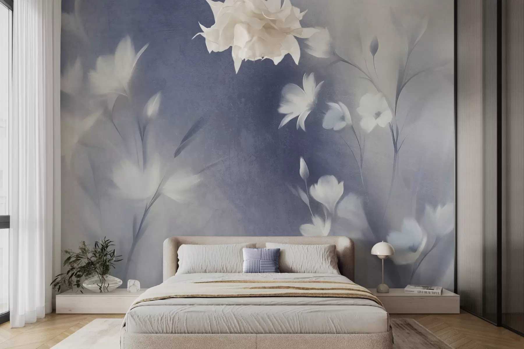 Papier peint Fleurs blanches texturées à longues tiges, boutons délicats sur fond flou aux teintes bleues et blanches w09484