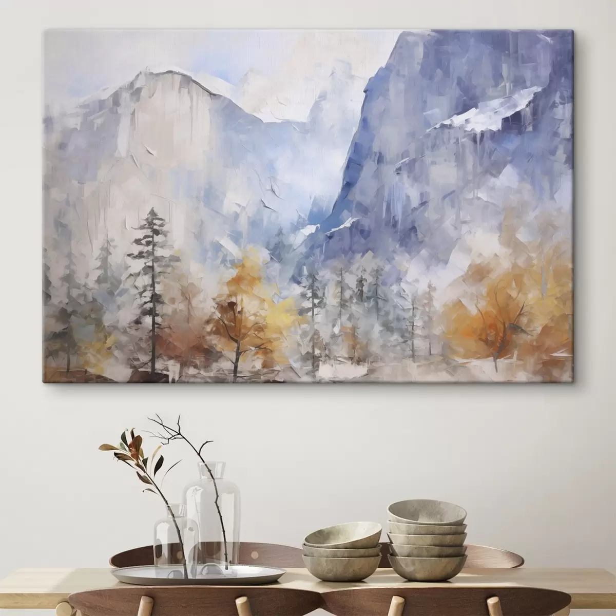 Tableau Paysage abstrait d'une forêt devant des montagnes s46298