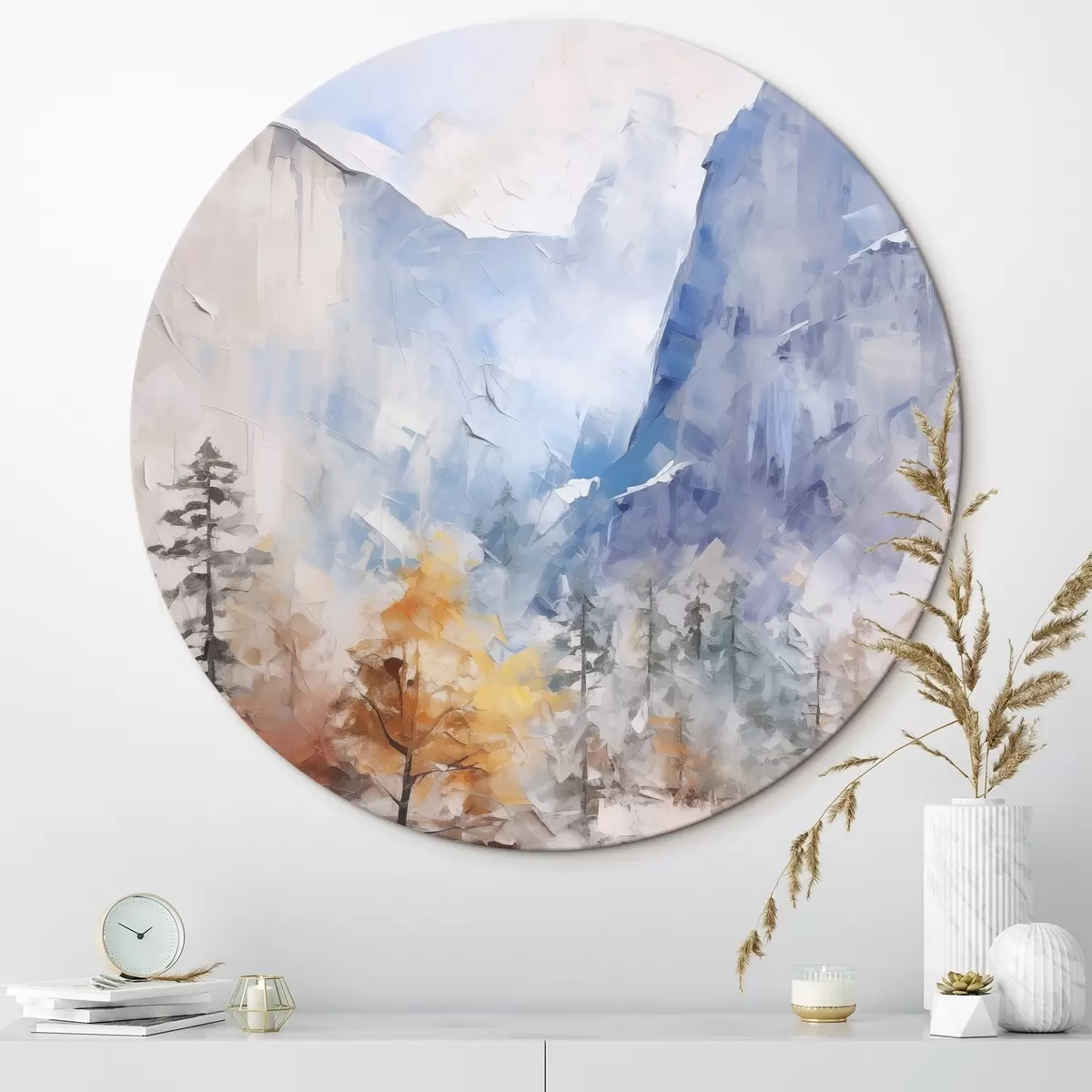 Tableaux rondes Paysage abstrait d'une forêt devant des montagnes r46298