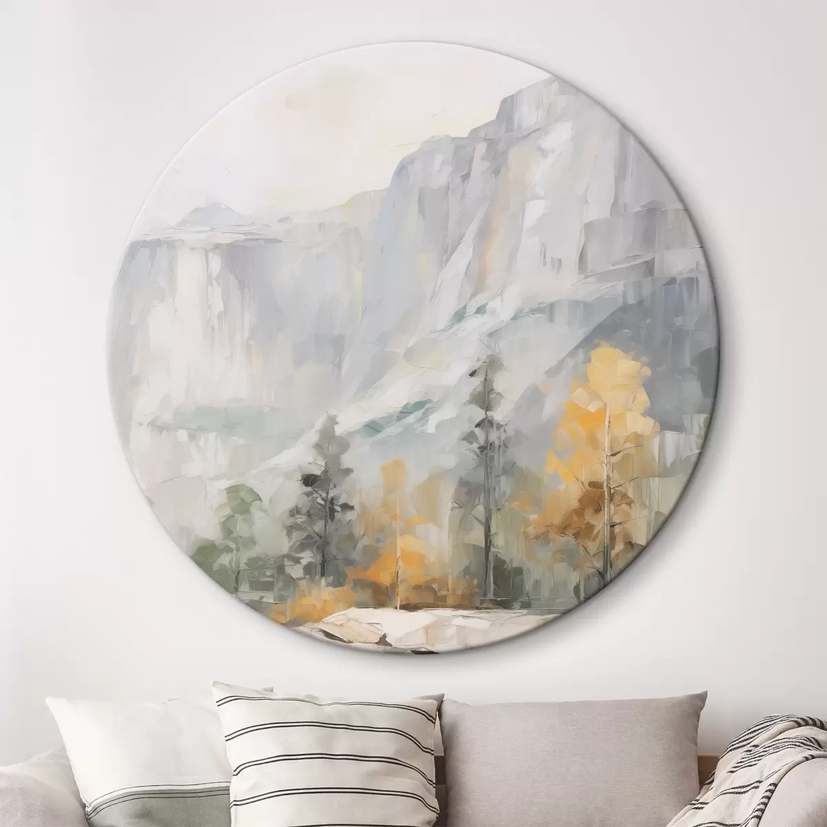 Tableaux rondes Paysage d'une forêt devant des montagnes, imitation d'une peinture r46299