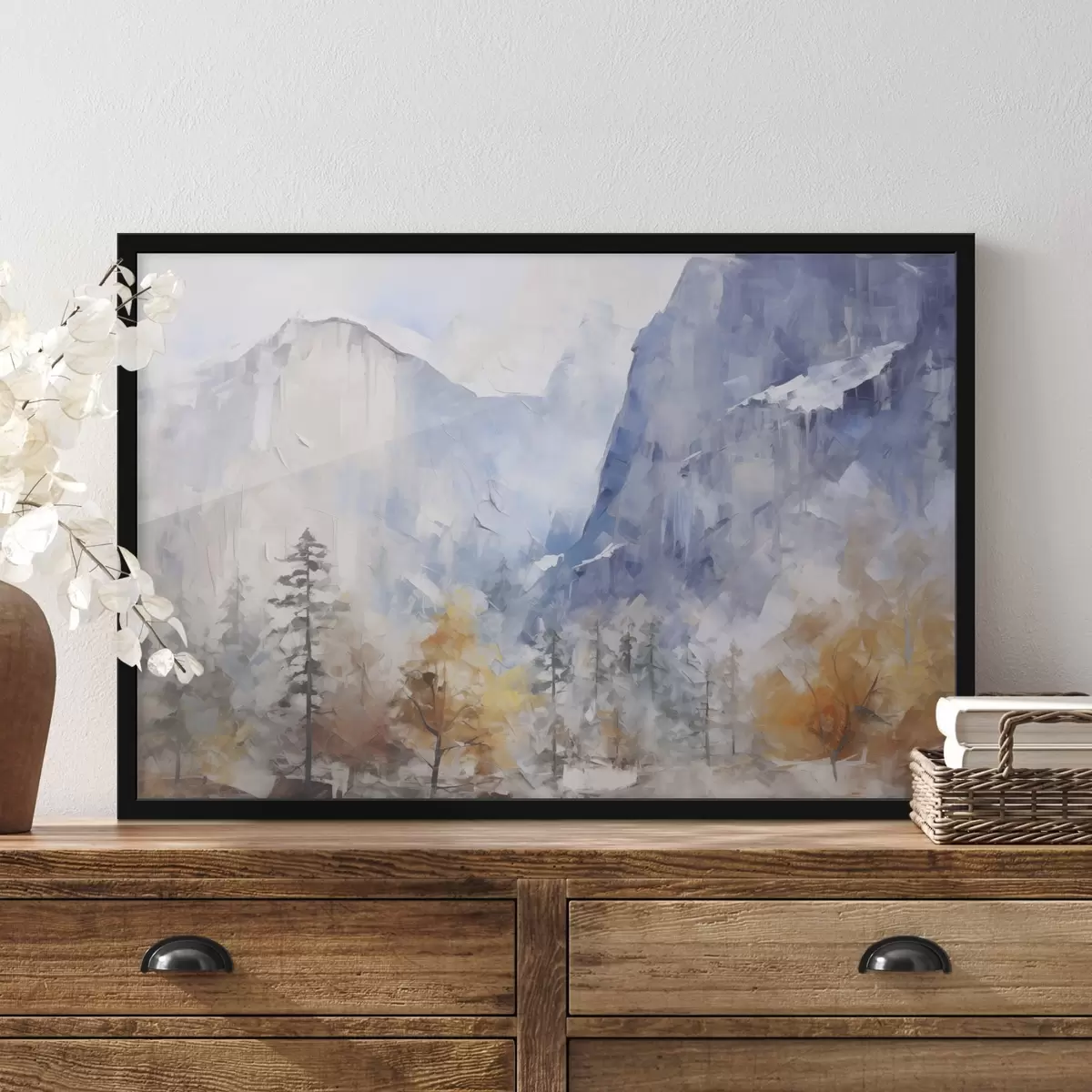 Poster Paysage abstrait d'une forêt devant des montagnes f46298