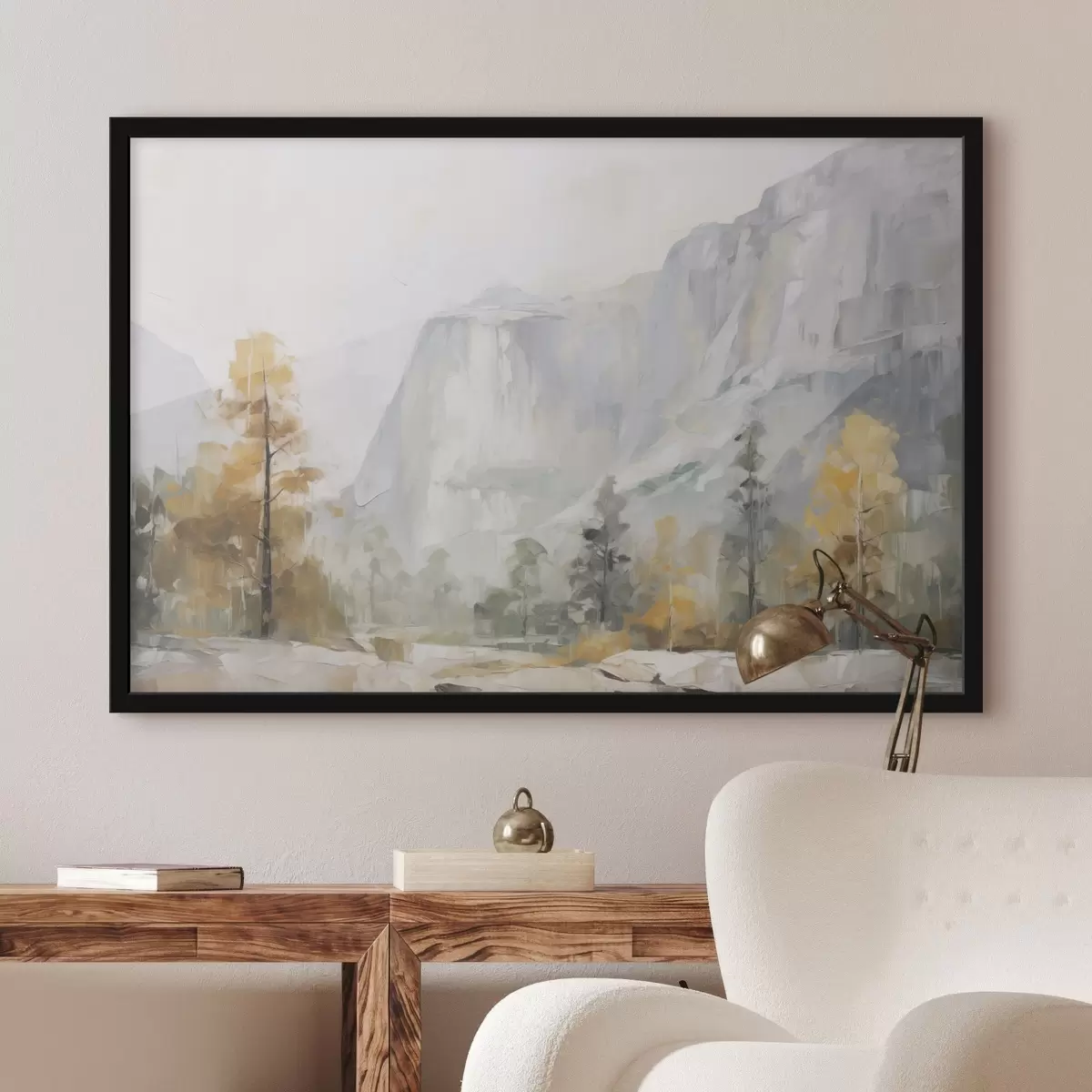 Poster Paysage d'une forêt devant des montagnes, imitation d'une peinture f46299