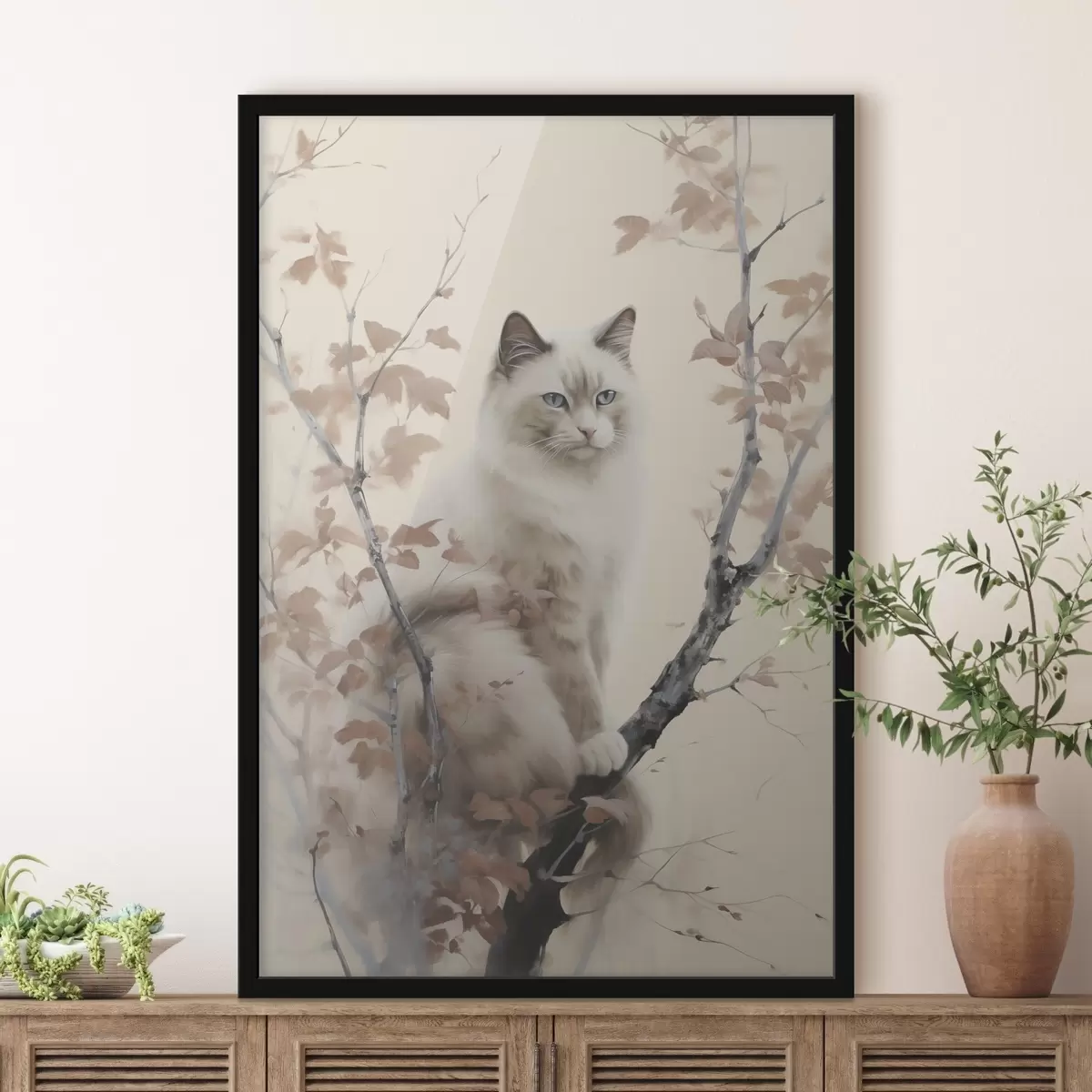 Poster Le chat est assis sur un arbre f46301