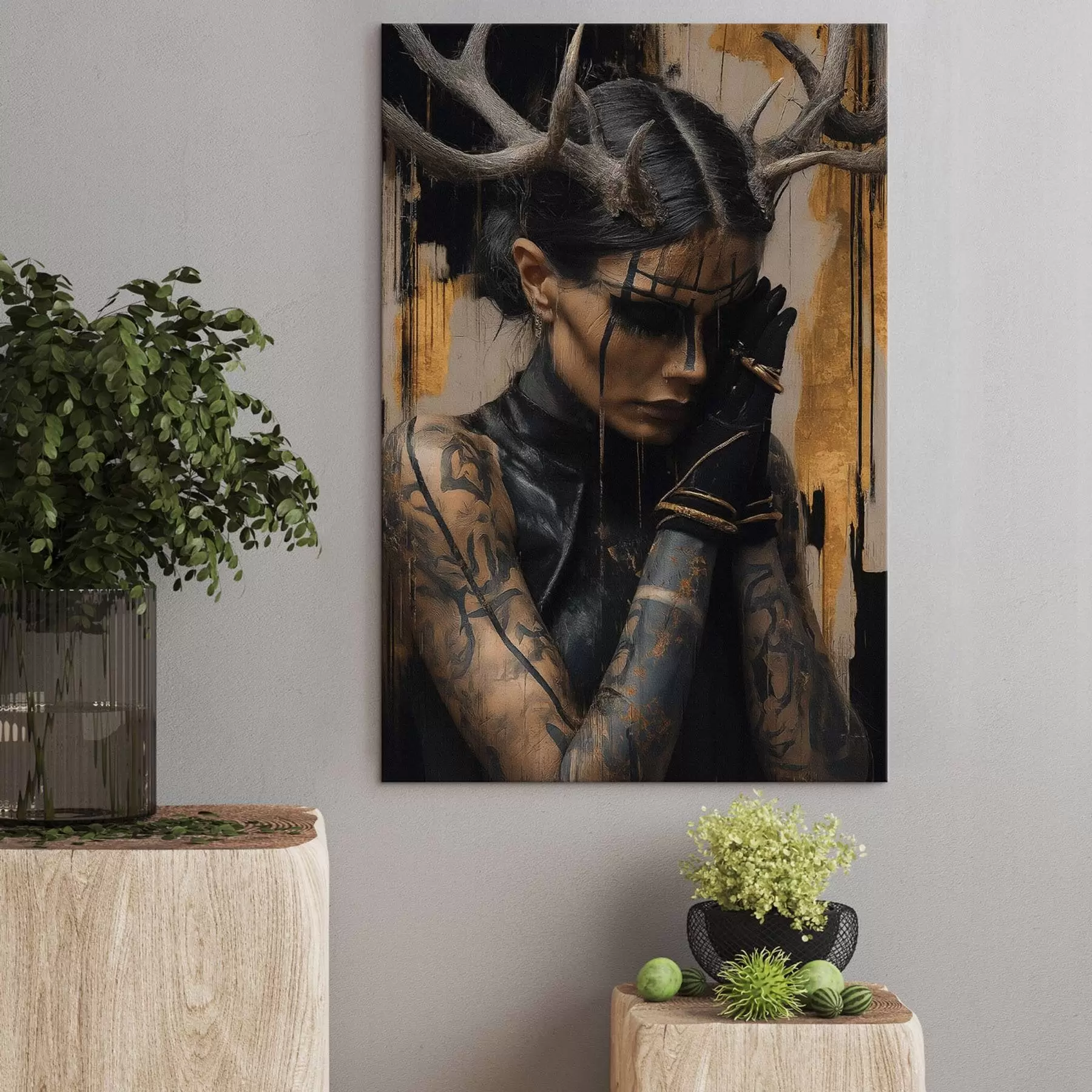 Tableau Femme avec des cornes, au regard sombre et au visage marqué de rides noires s46144