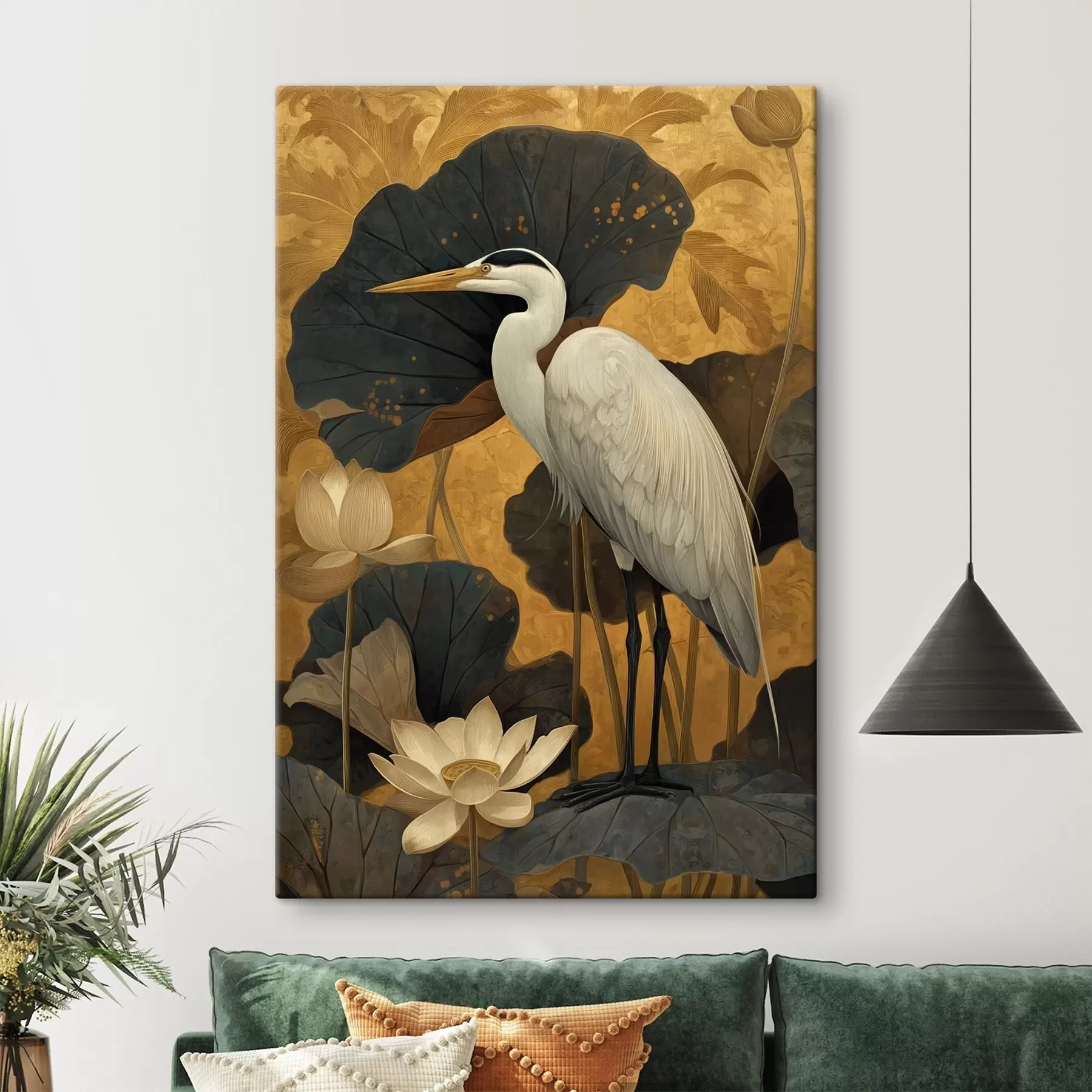 Tableau Héron parmi les lotus sur un fond chaud s46148