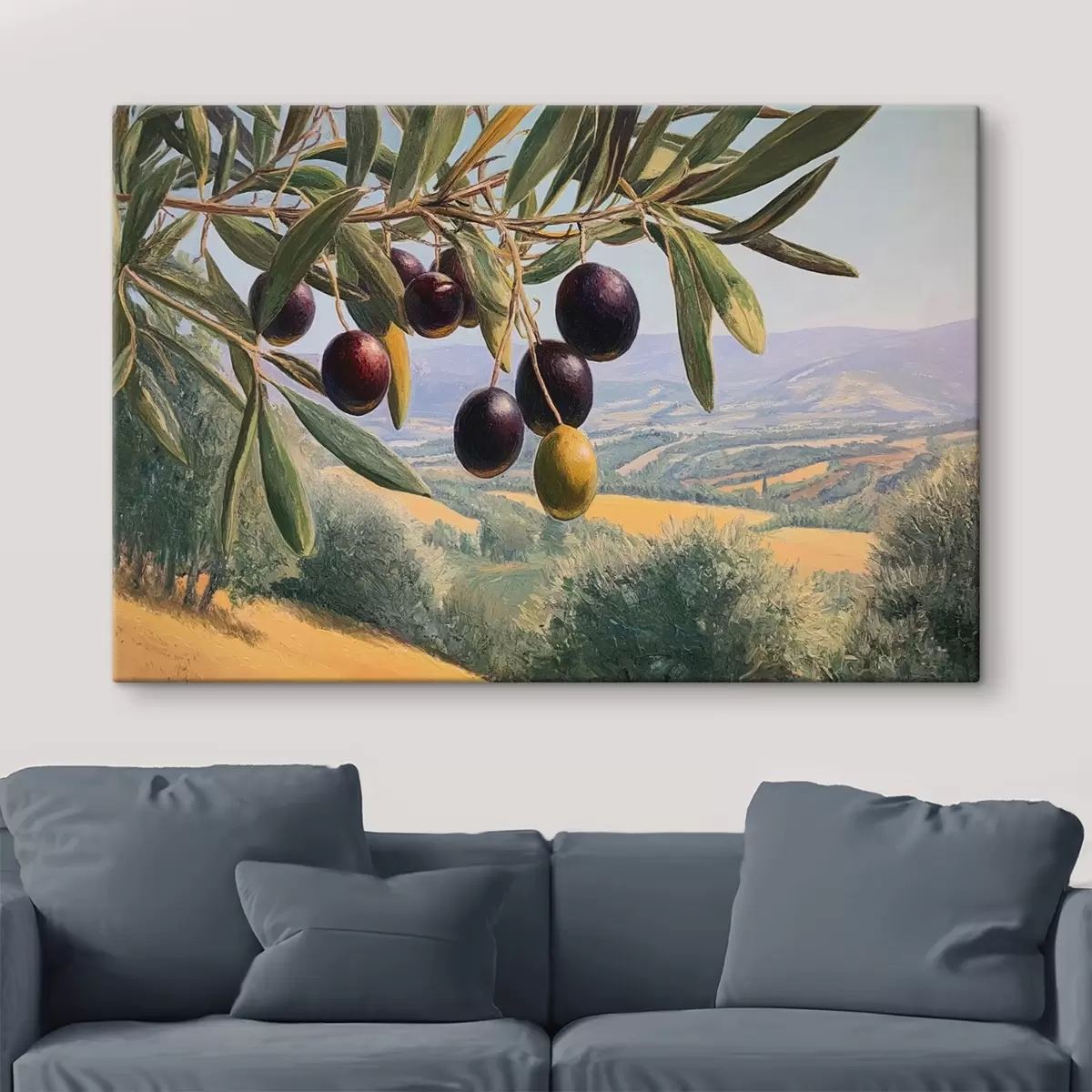 Tableau Branche d'olivier avec des fruits noirs sur fond de paysage estival s46150