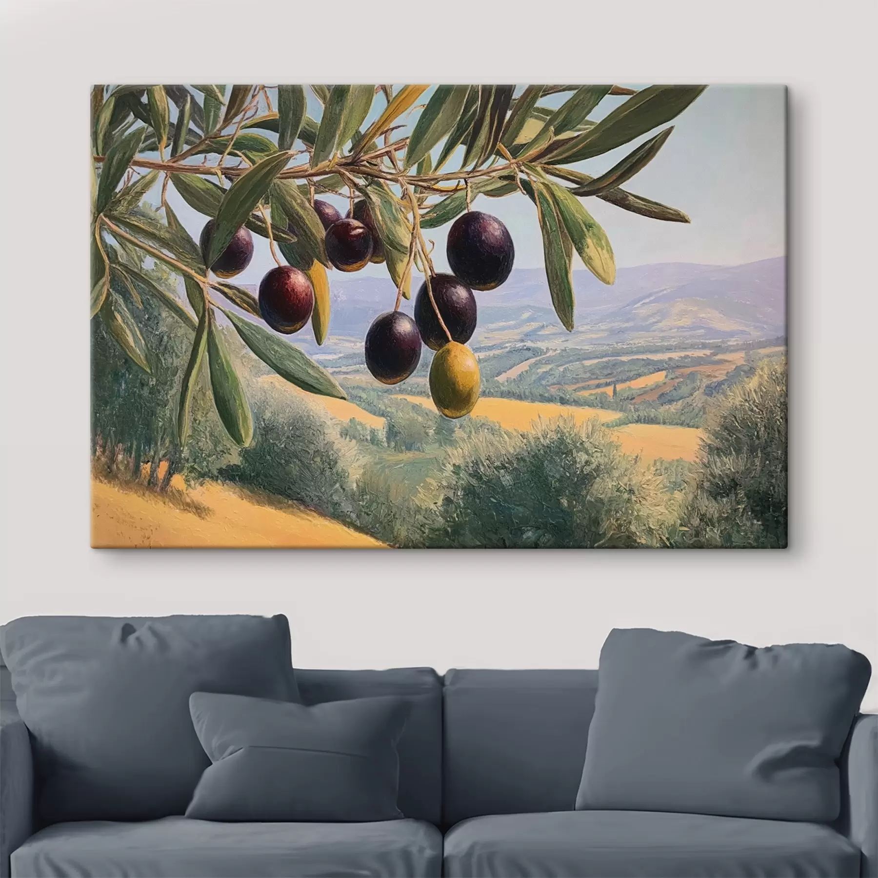 Tableau Branche d'olivier avec des fruits noirs sur fond de paysage estival s46150