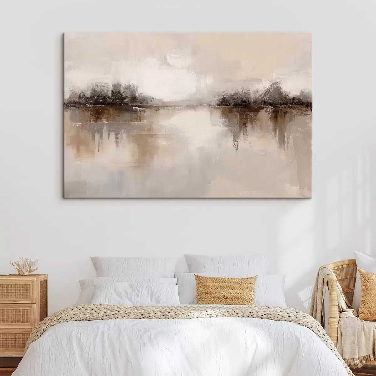 Tableau Paysage doux avec un lac dans des tons chauds beige-gris s46158