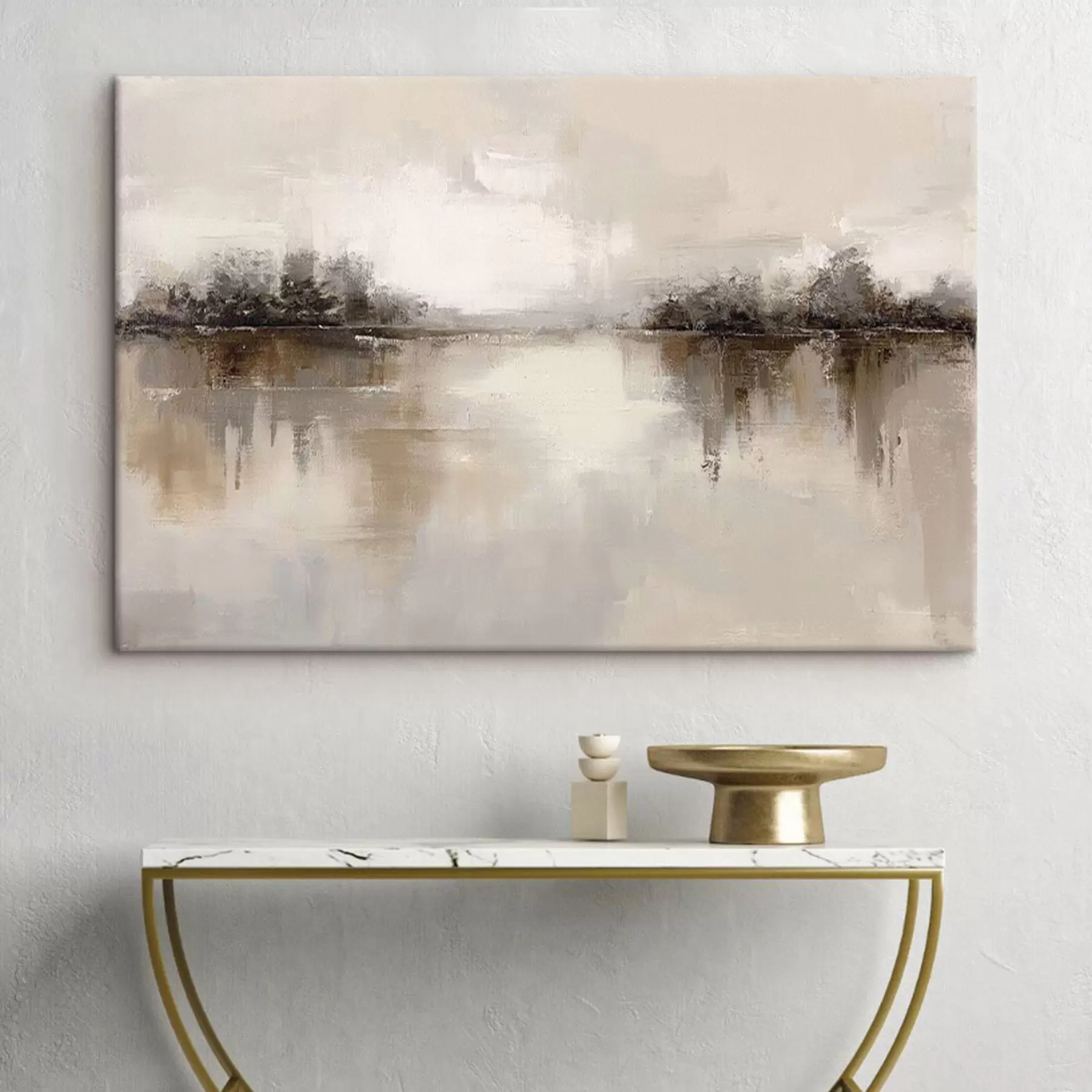 Tableau Paysage doux avec un lac dans des tons chauds beige-gris s46158