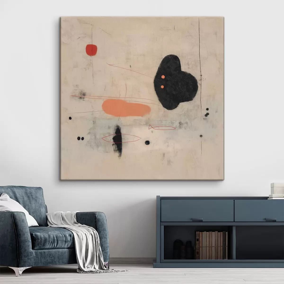 Tableau Dessin abstrait minimaliste avec des accents noirs et corail s46159
