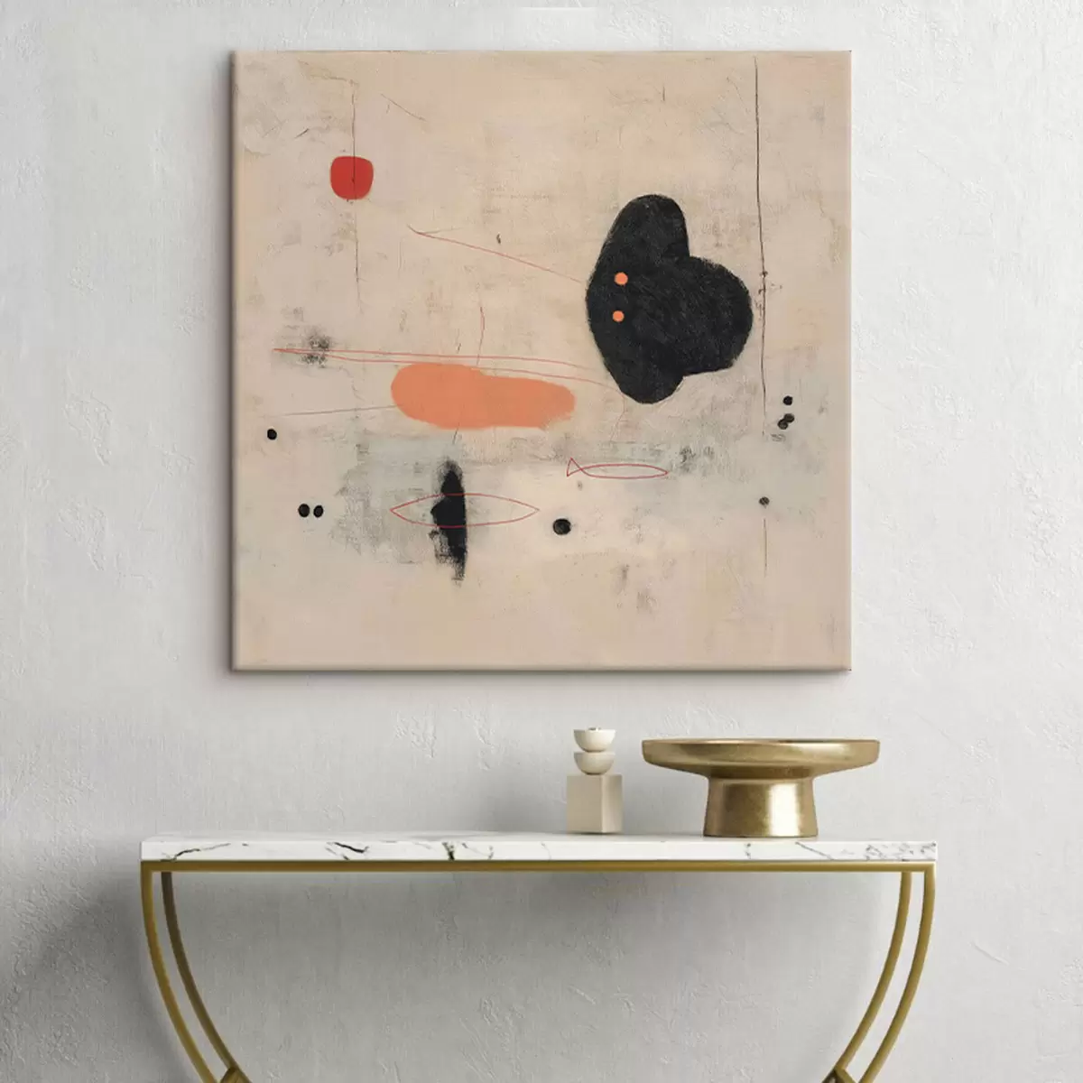 Tableau Dessin abstrait minimaliste avec des accents noirs et corail s46159