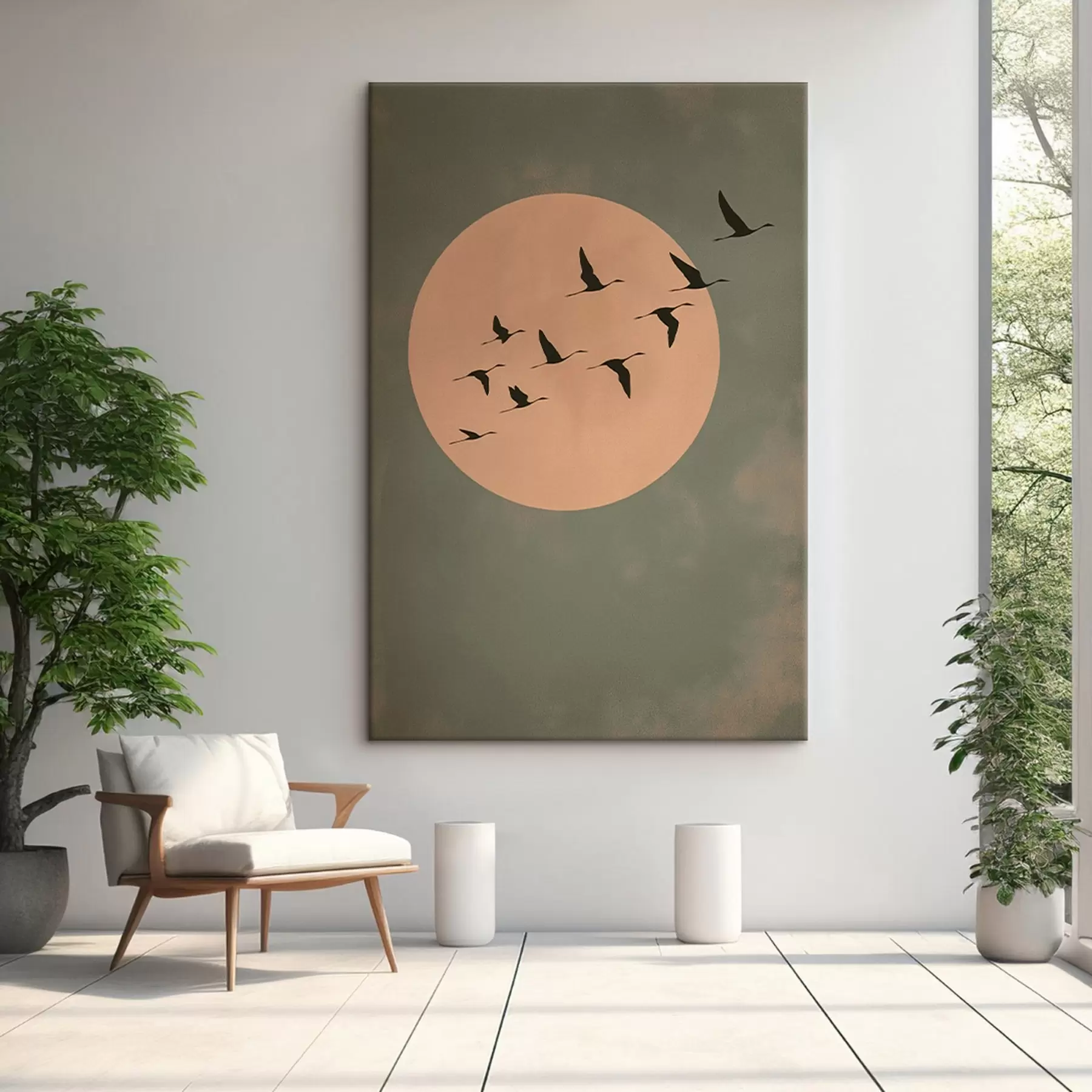 Tableau Une volée d'oiseaux volant devant une grande lune chaude s46162