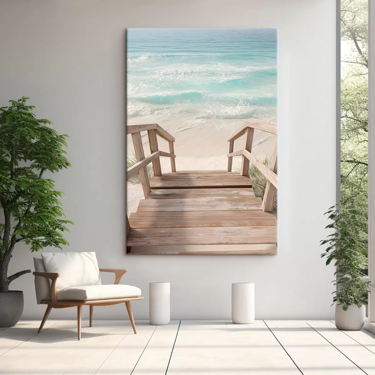 Tableau Escalier en bois menant à une plage turquoise s46163