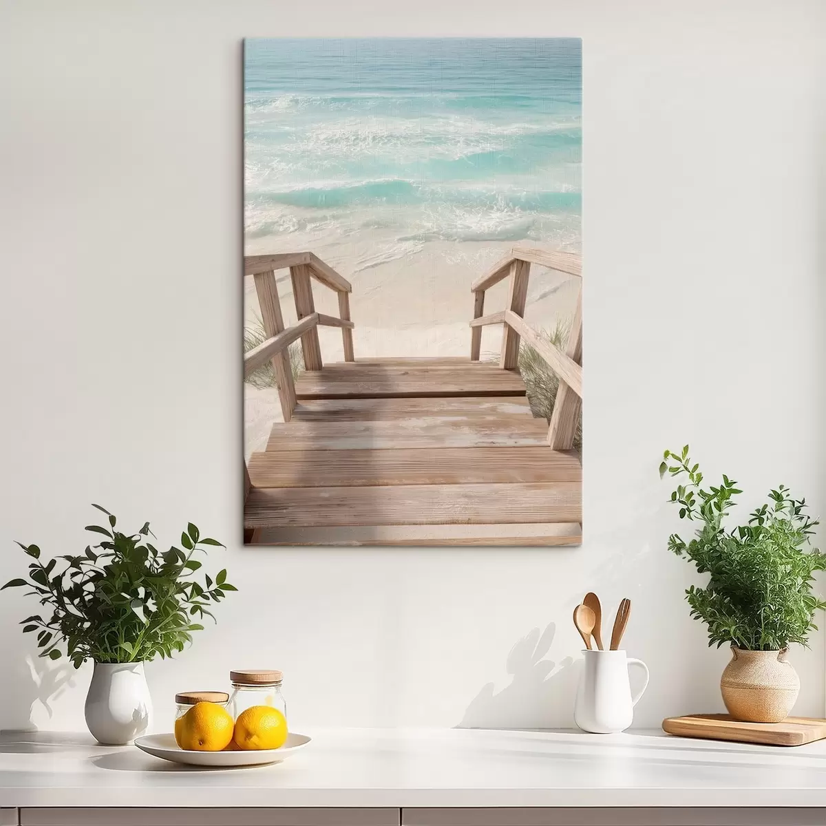 Tableau Escalier en bois menant à une plage turquoise s46163