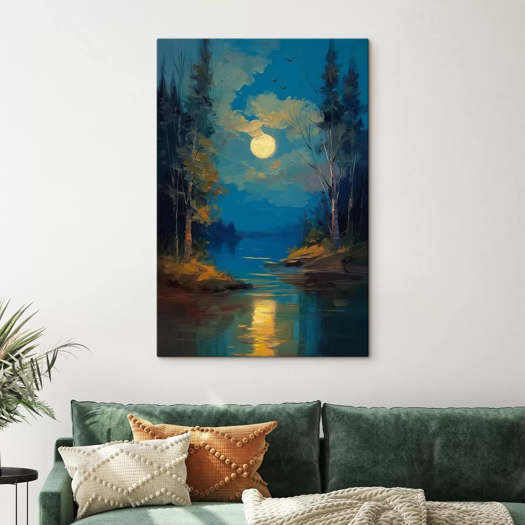 Tableau Clair de lune sur une rivière calme au milieu des pins s46164