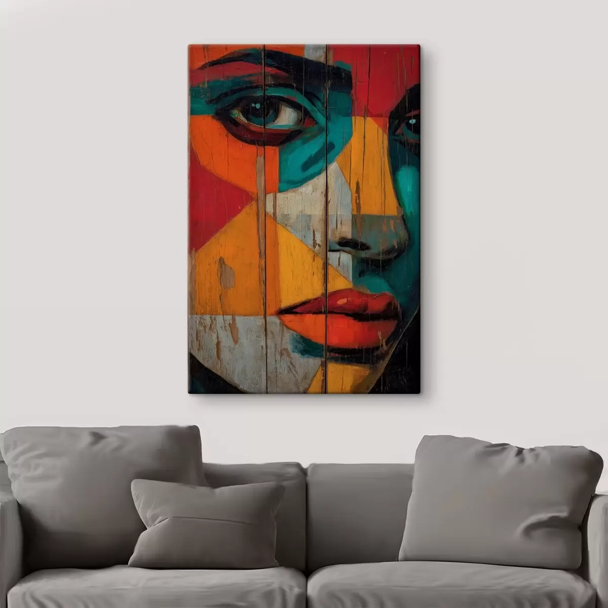 Tableau Portrait géométrique lumineux sur panneaux de bois s46165