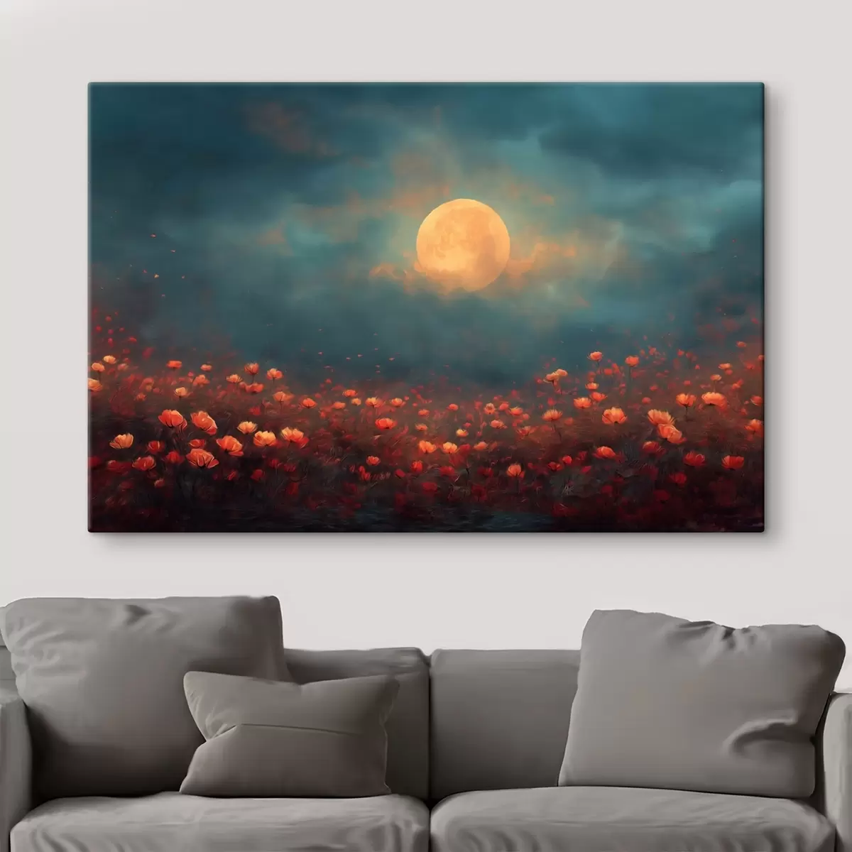Tableau Lune au-dessus d'un champ de fleurs rouges dans un ciel brumeux au crépuscule s46167