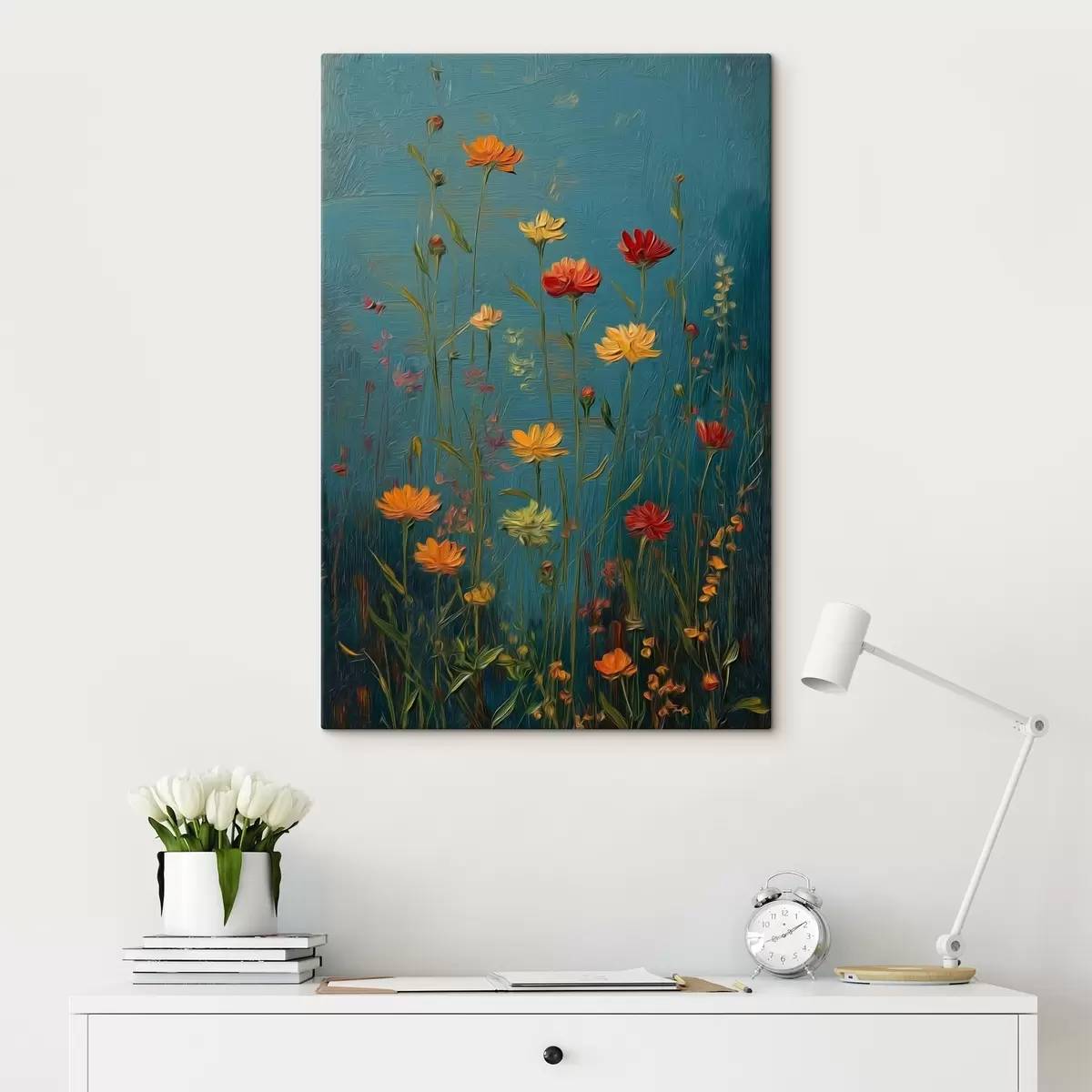 Tableau Fleurs sauvages sur fond turquoise foncé s46169