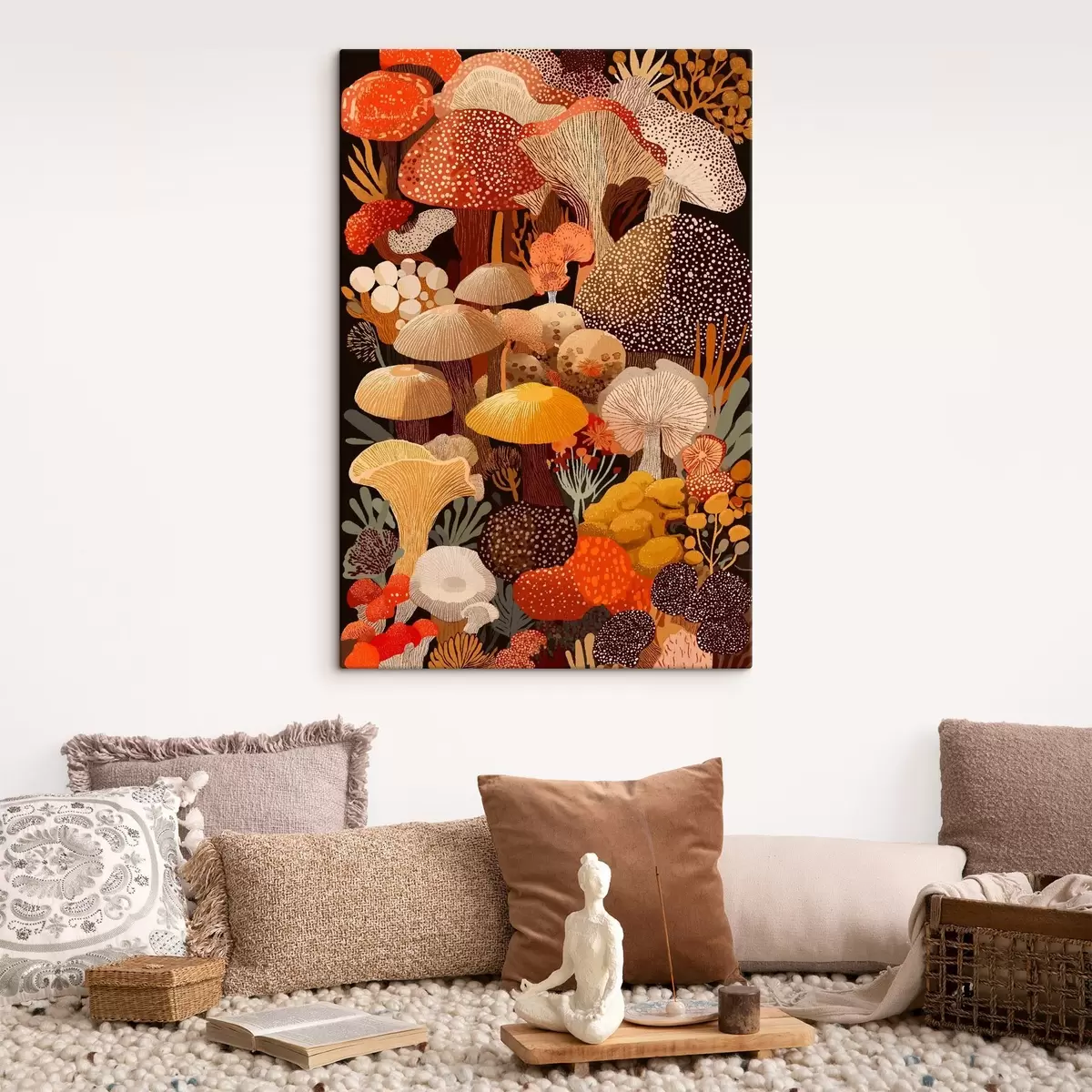 Tableau Composition de divers champignons forestiers dans des tons chauds s46170
