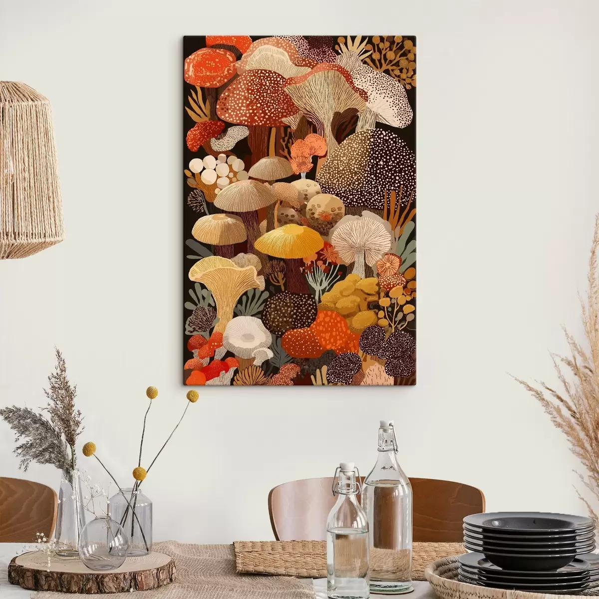 Tableau Composition de divers champignons forestiers dans des tons chauds s46170