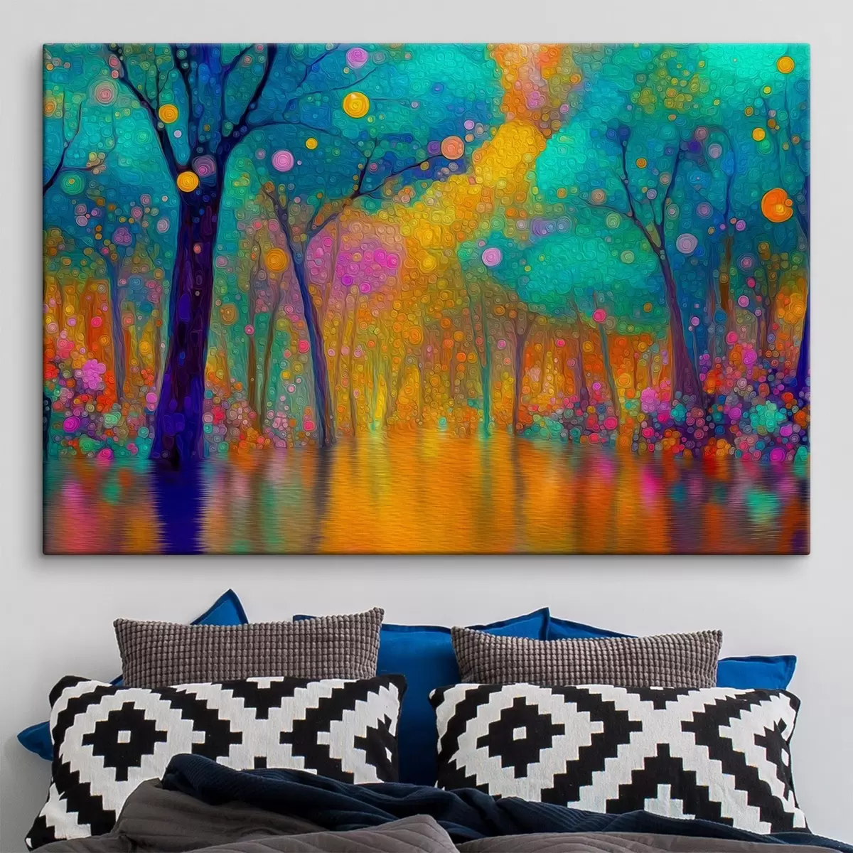 Tableau Forêt fantastique aux couleurs vives avec reflets dans l'eau s46171