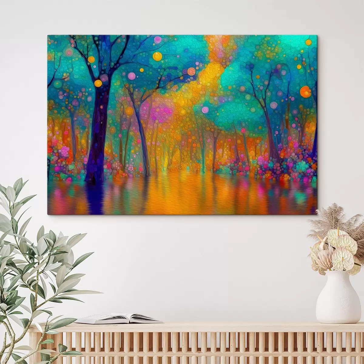 Tableau Forêt fantastique aux couleurs vives avec reflets dans l'eau s46171