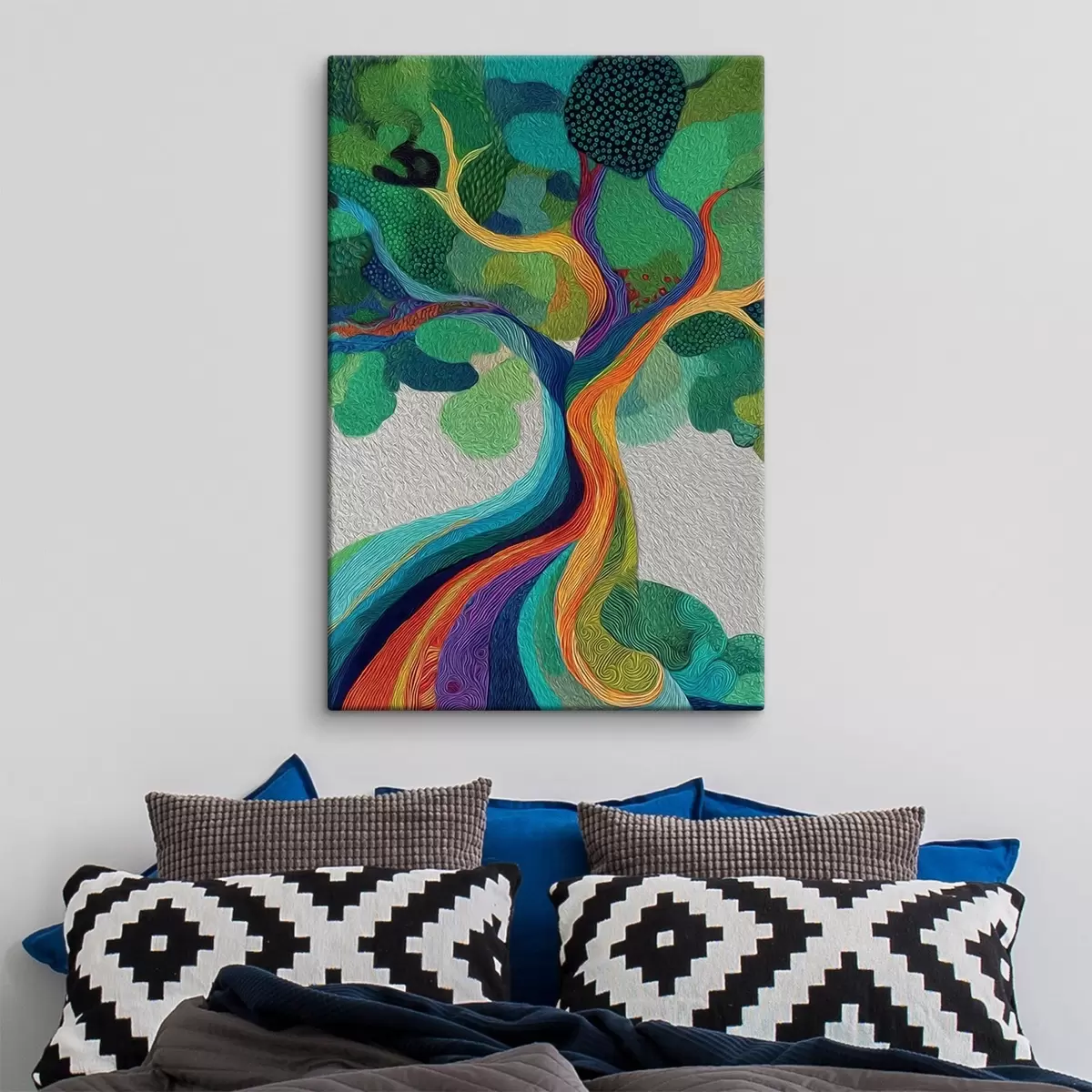 Tableau Arbre aux branches arc-en-ciel sur fond vert s46173