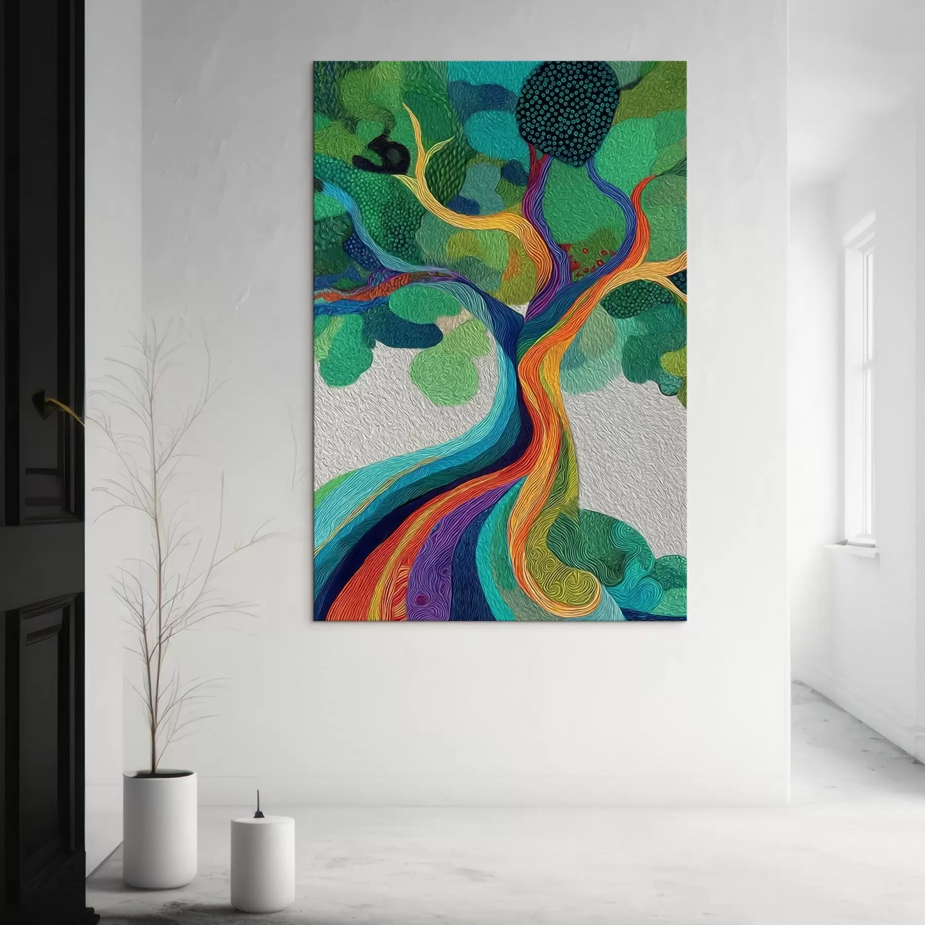 Tableau Arbre aux branches arc-en-ciel sur fond vert s46173